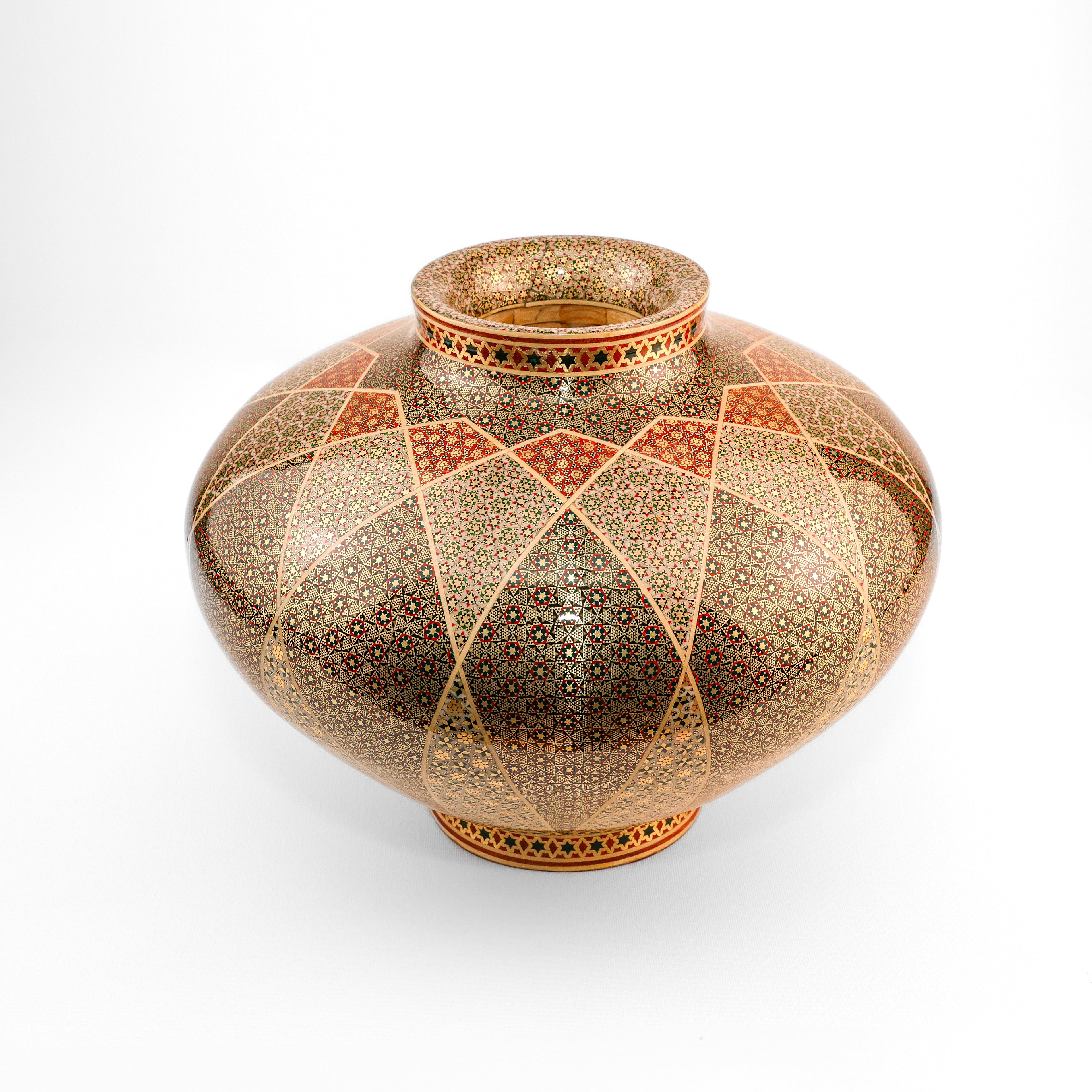 Wide-Mouth Wooden Vessel - Height 23 cm x Width 30 cm - Premium Khatam - Lattice Design