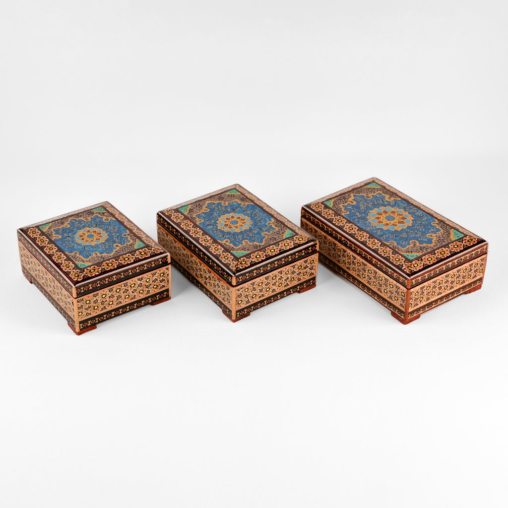 Jewelry Box - Medium - Wooden Khatam with Hand-Painted Tazhib Lid