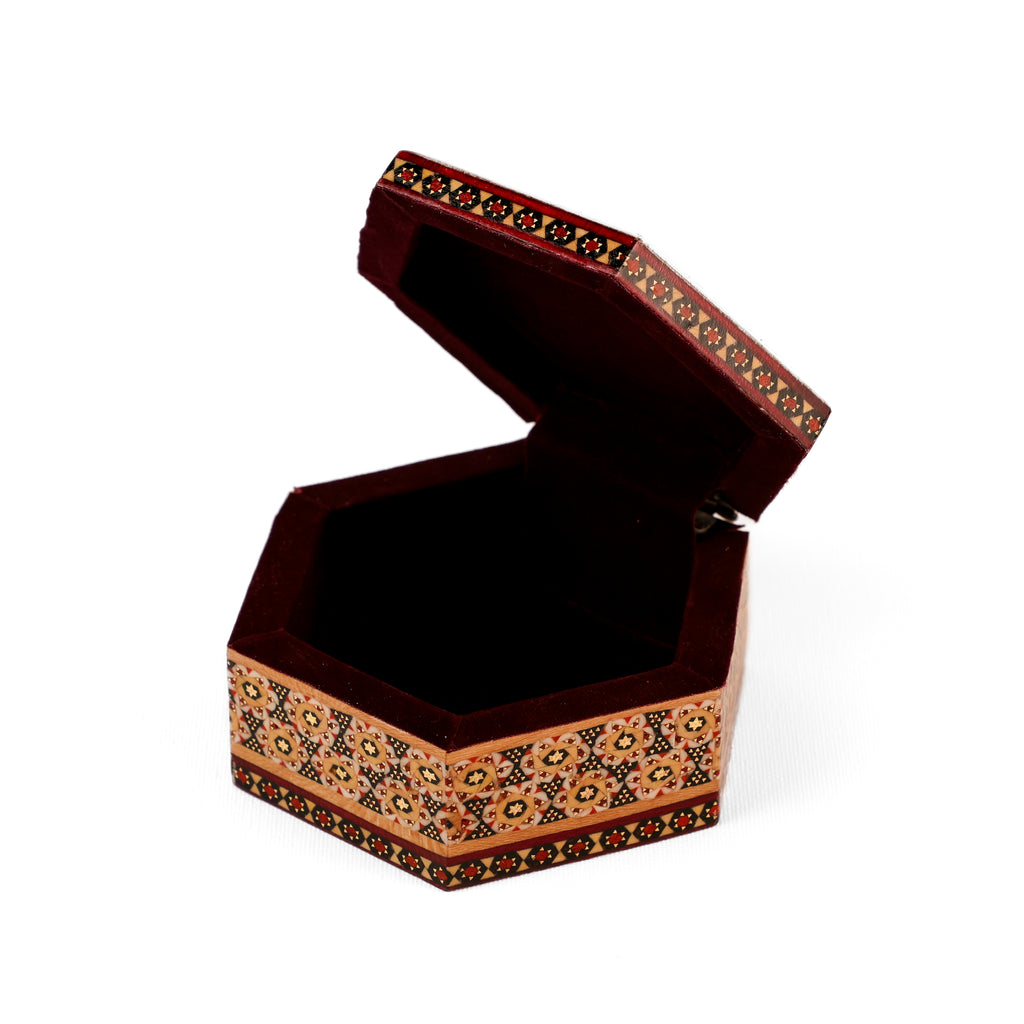 Jewelry Box - Hexagonal - Inner Velvet - Flower and Bird Pattern