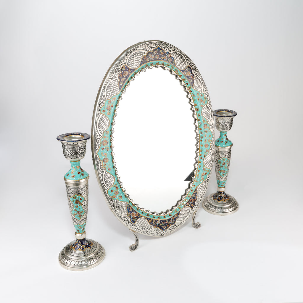 Mirror and Candle Holder Set - Oval - Copper & Mina