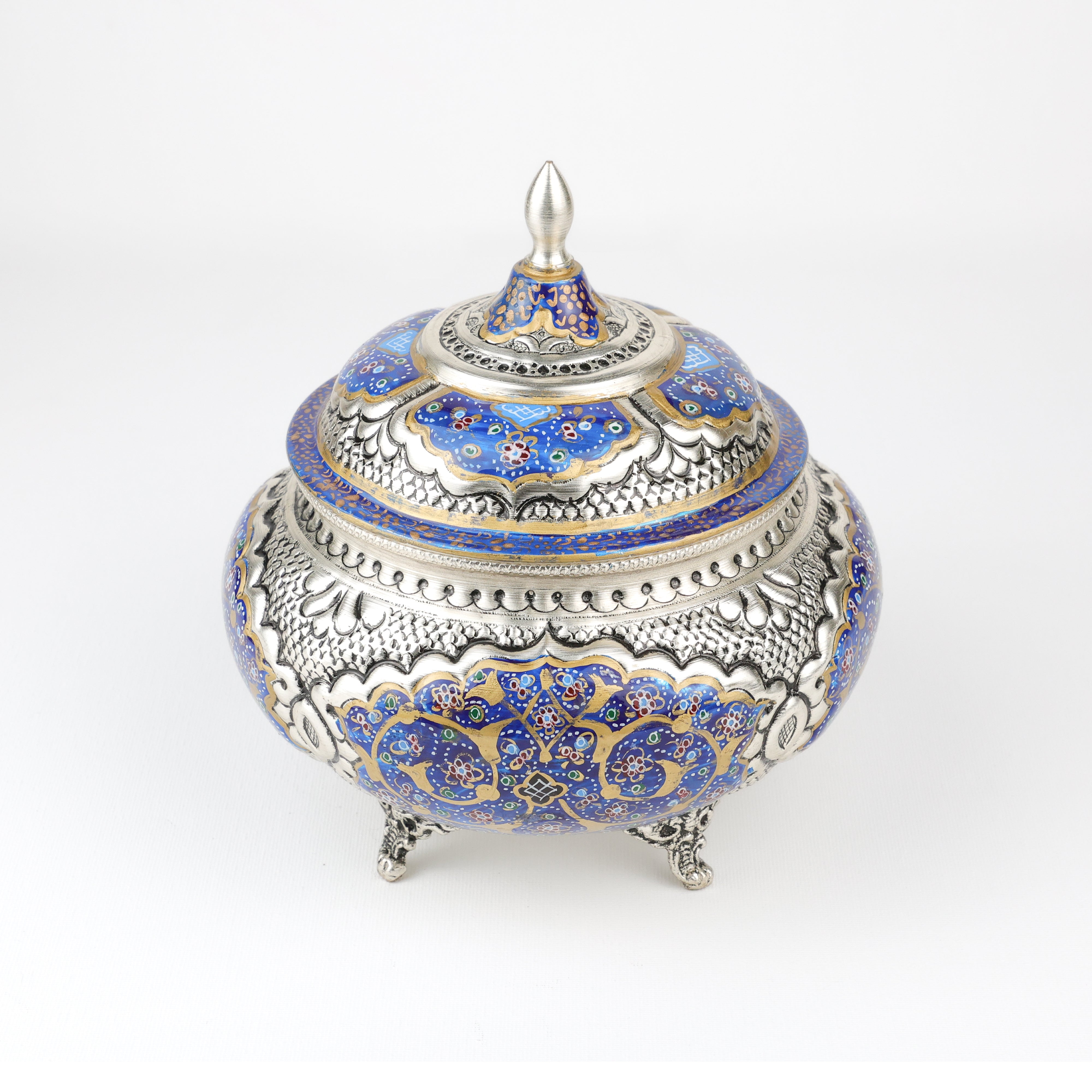 طبق حلوى - كبير - تصميم بأربعة أرجل - نحاس ومينا