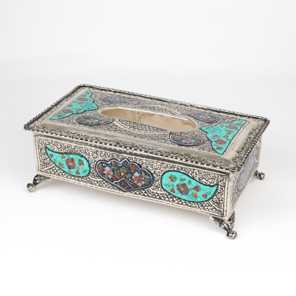 Tissue Box - Copper & Mina - Silver Tazhib Design