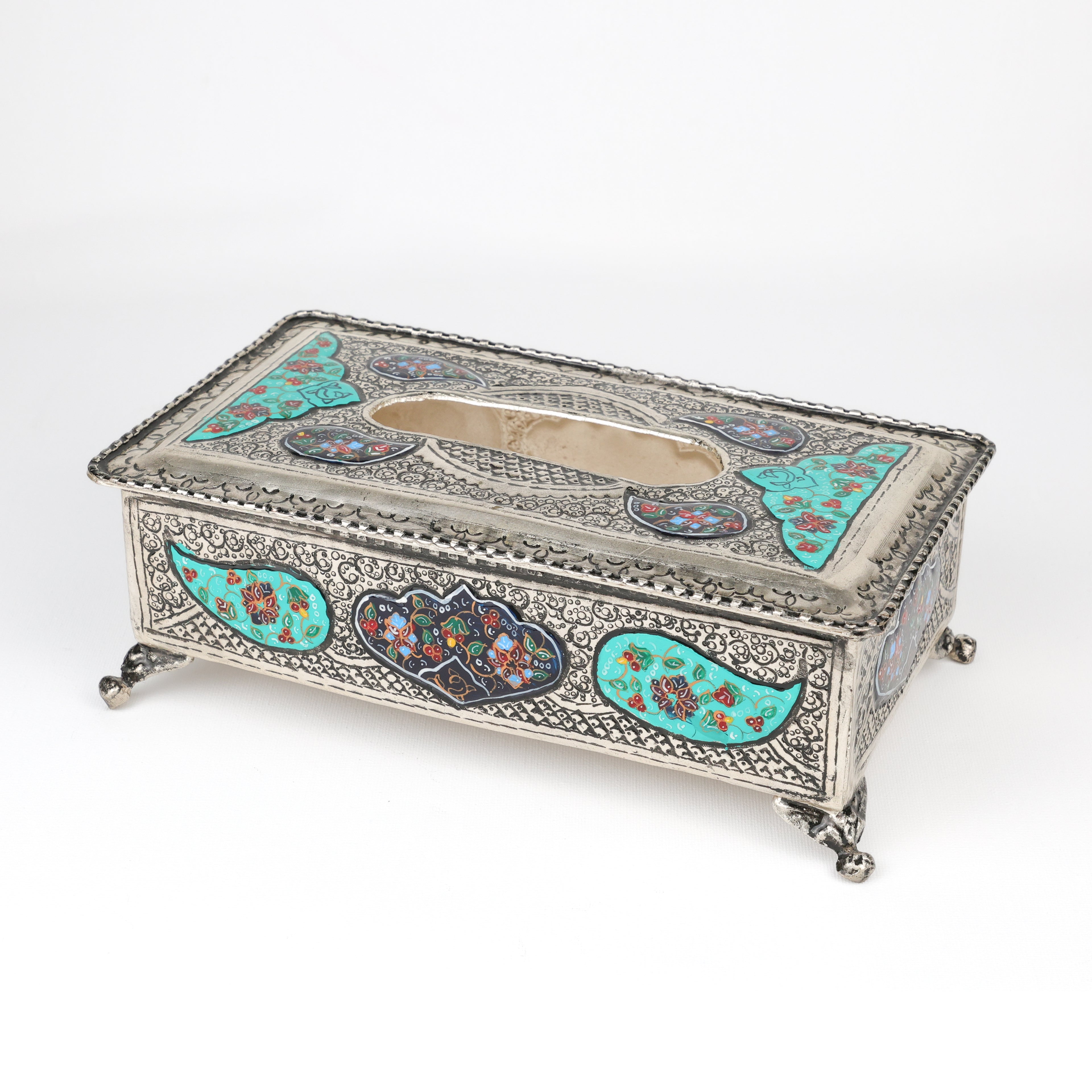Tissue Box - Copper & Mina - Silver Tazhib Design