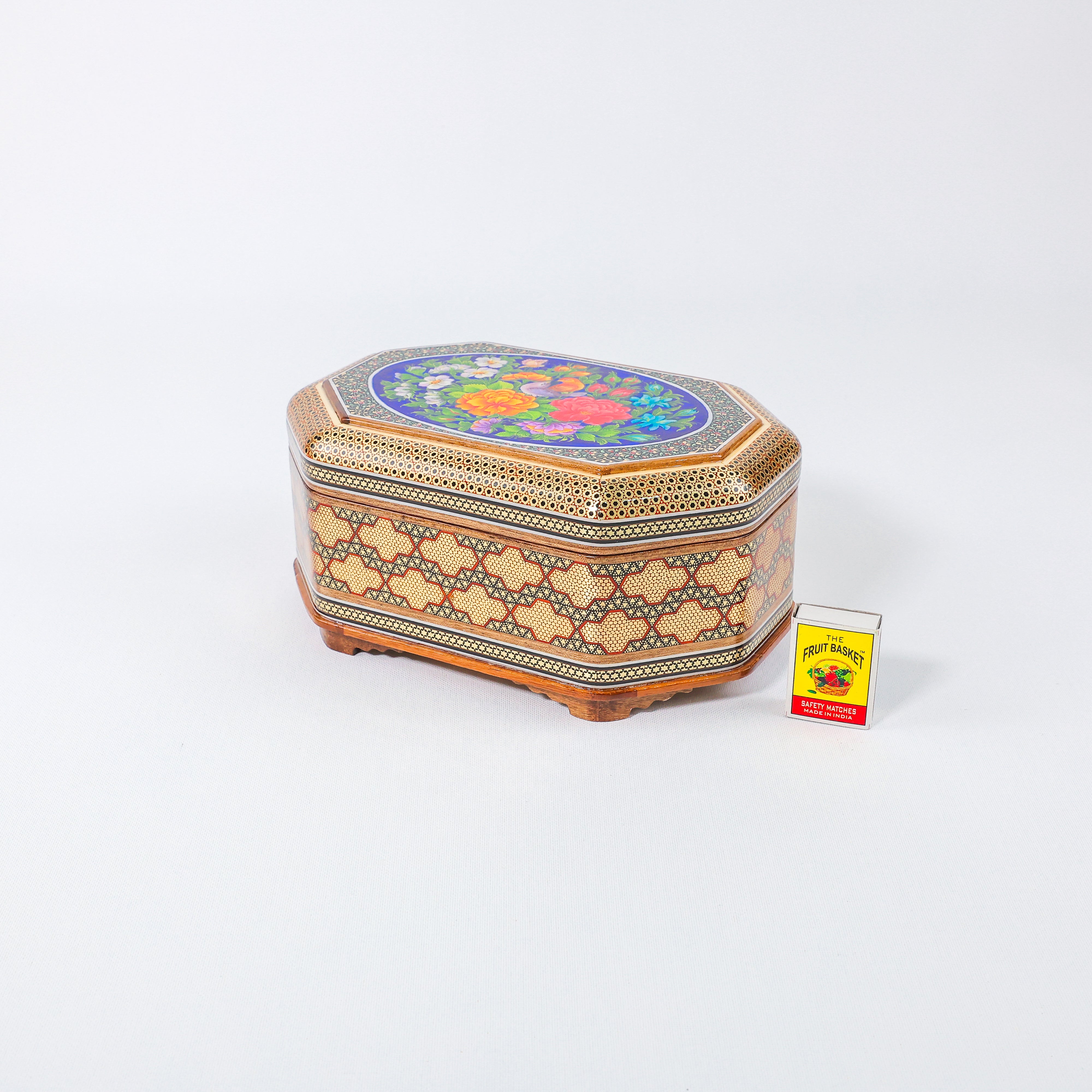 Octagonal Jewelry Box – Full Wire Khatam – Flower & Bird Painting – Size 16 × 24 cm