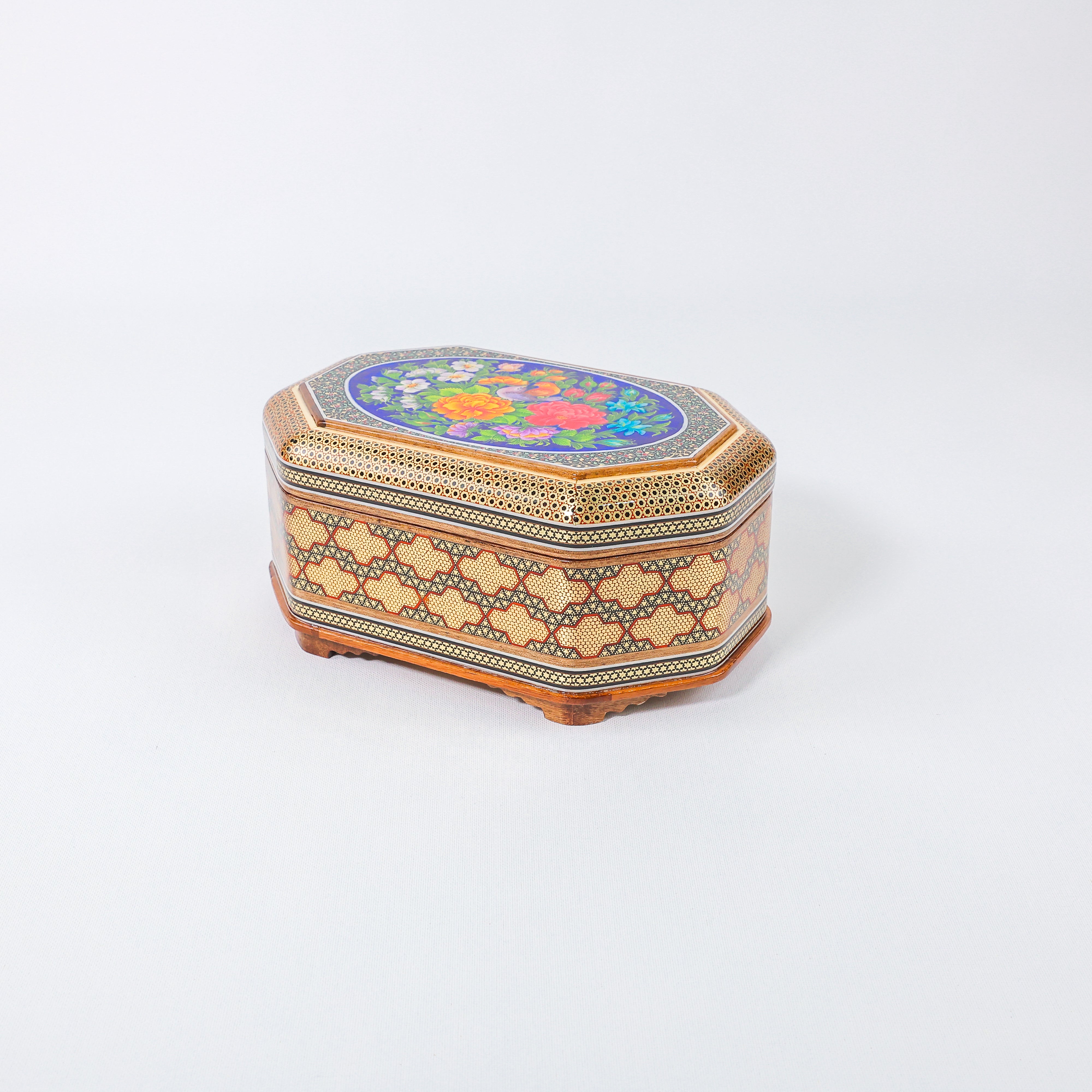 Octagonal Jewelry Box – Full Wire Khatam – Flower & Bird Painting – Size 16 × 24 cm