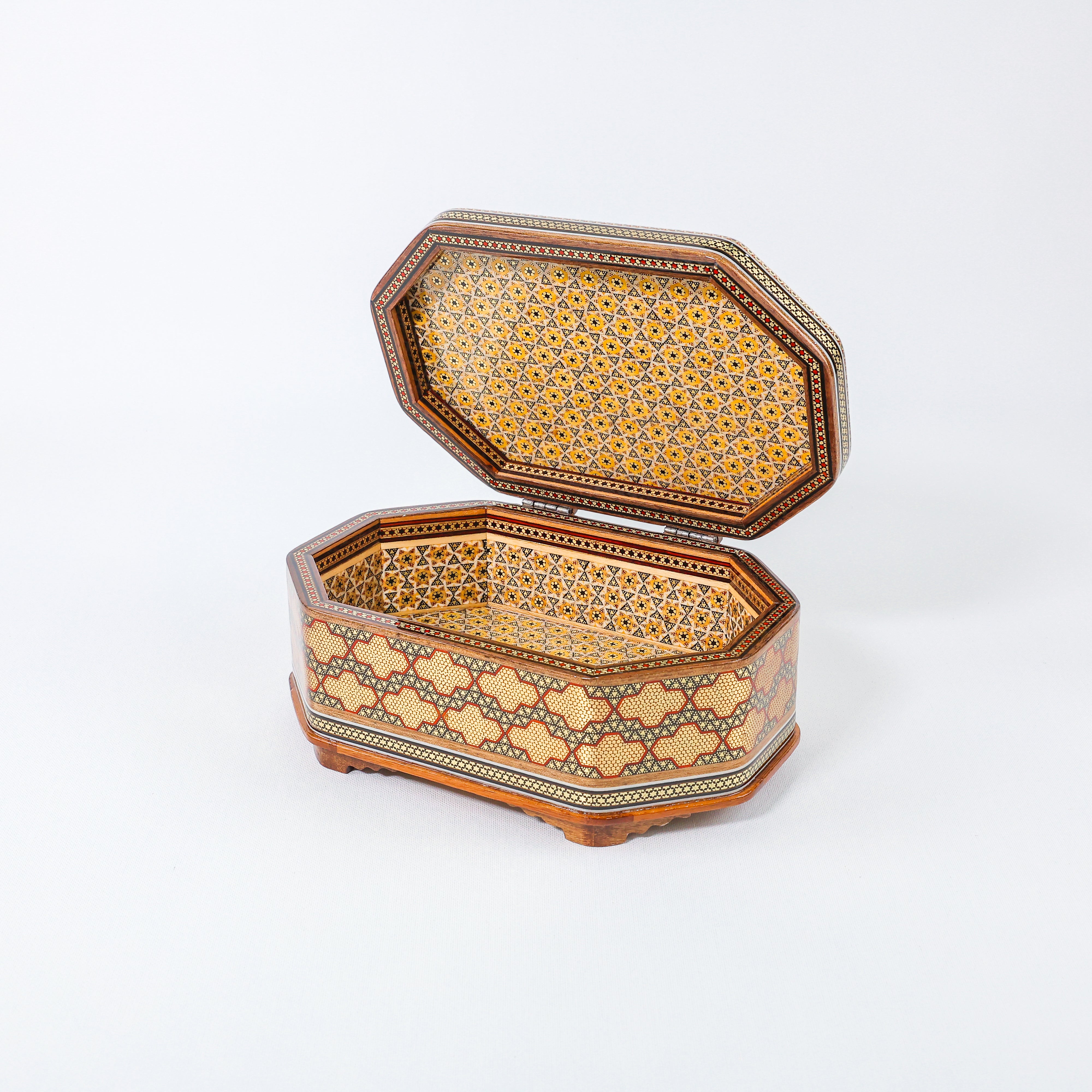 Octagonal Jewelry Box – Full Wire Khatam – Flower & Bird Painting – Size 16 × 24 cm