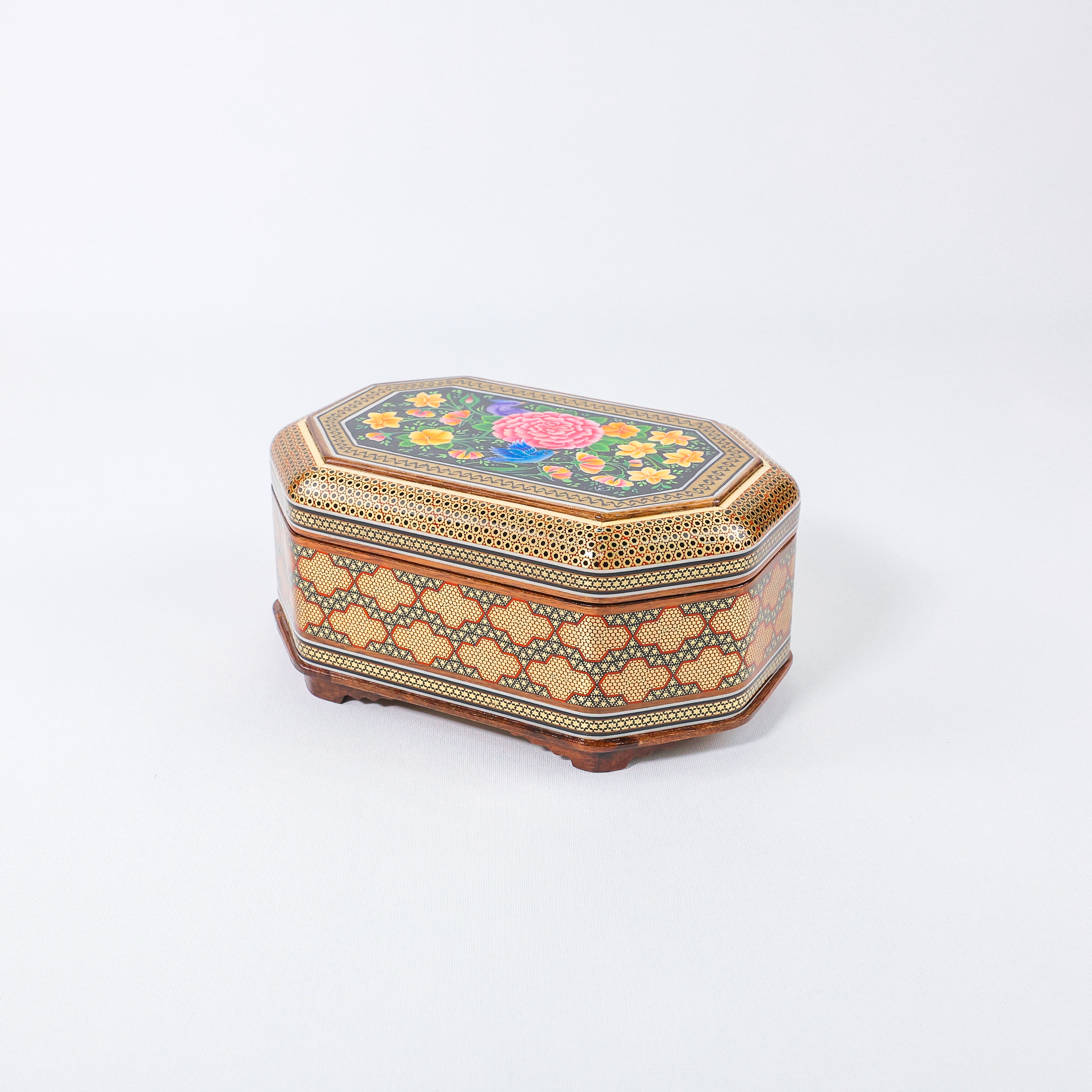 Octagonal Jewelry Box – Full Wire Khatam – Flower & Bird Painting – Size 16 × 24 cm