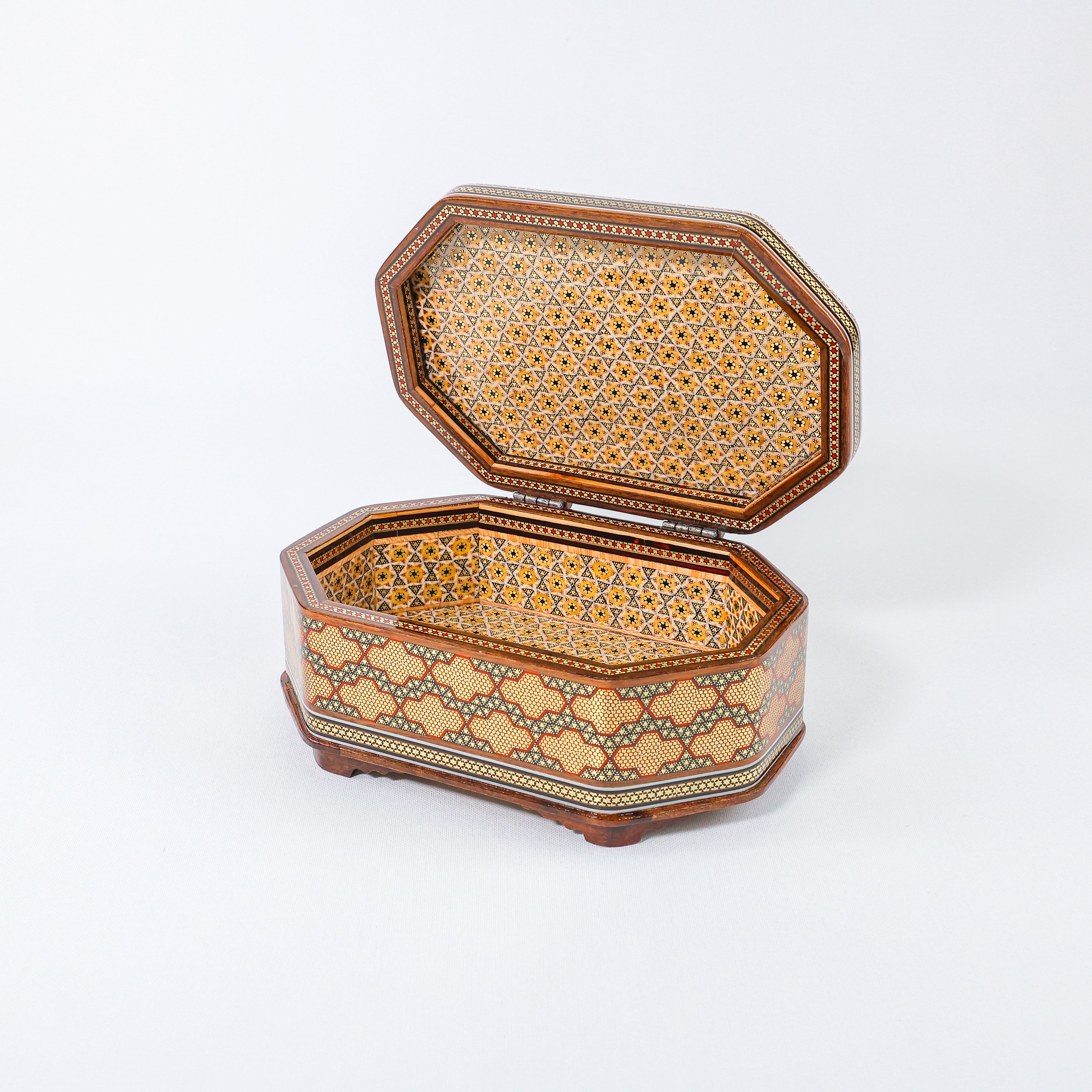 Octagonal Jewelry Box – Full Wire Khatam – Flower & Bird Painting – Size 16 × 24 cm