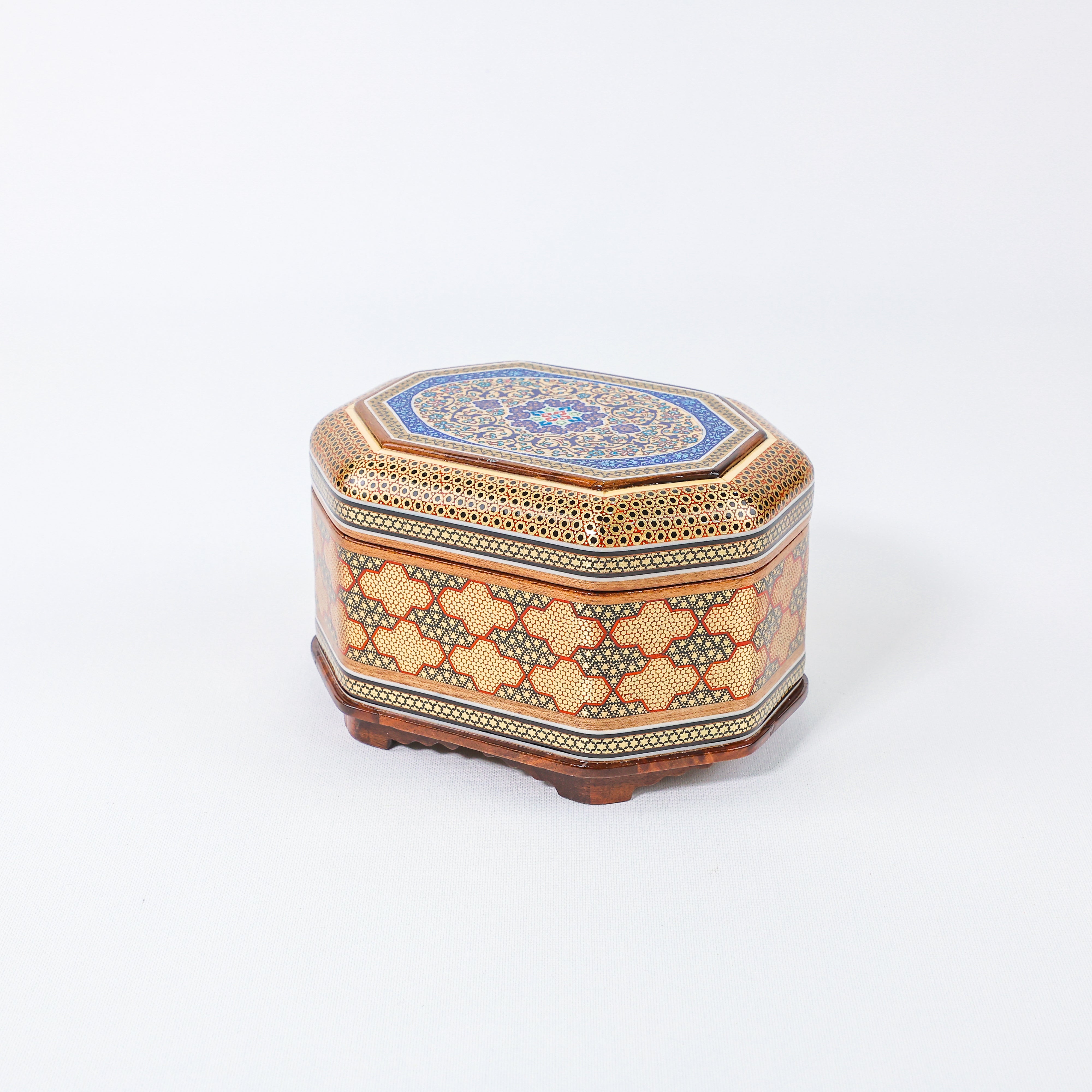 Octagonal Jewelry Box – Full Khatam – Tazhib Painting – Size 18 × 13 cm