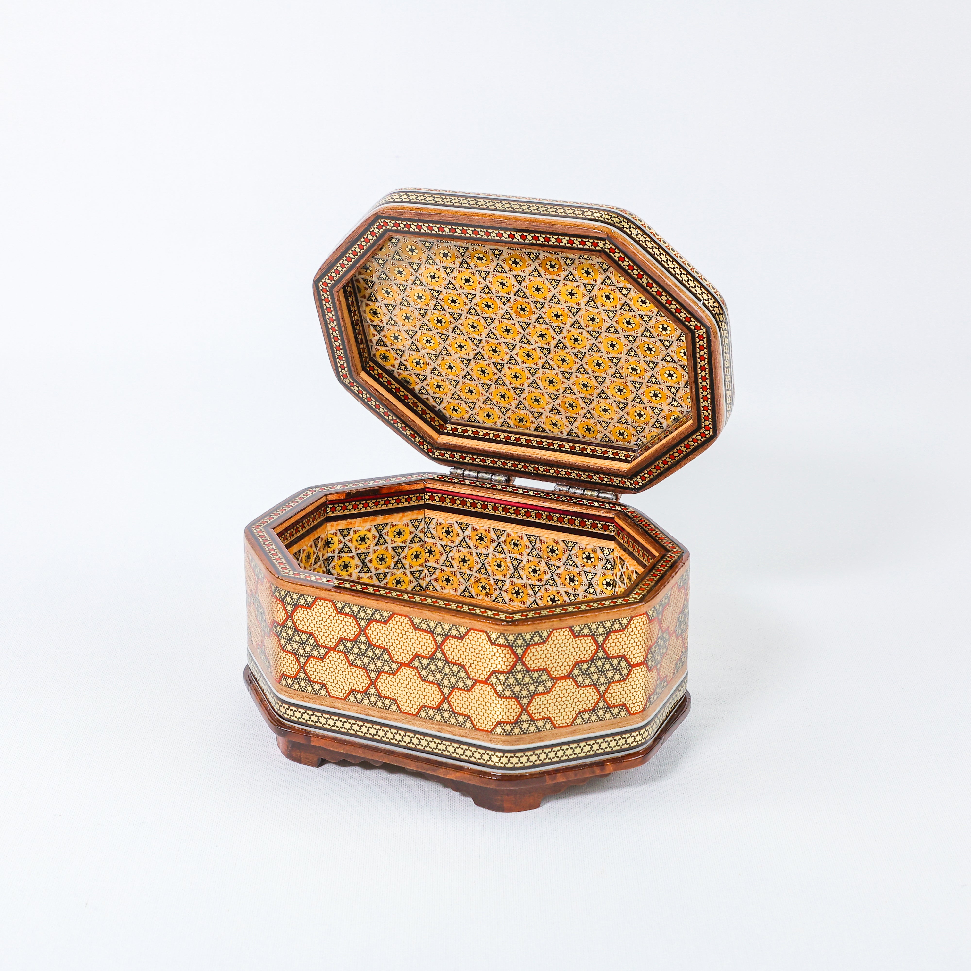 Octagonal Jewelry Box – Full Khatam – Tazhib Painting – Size 18 × 13 cm