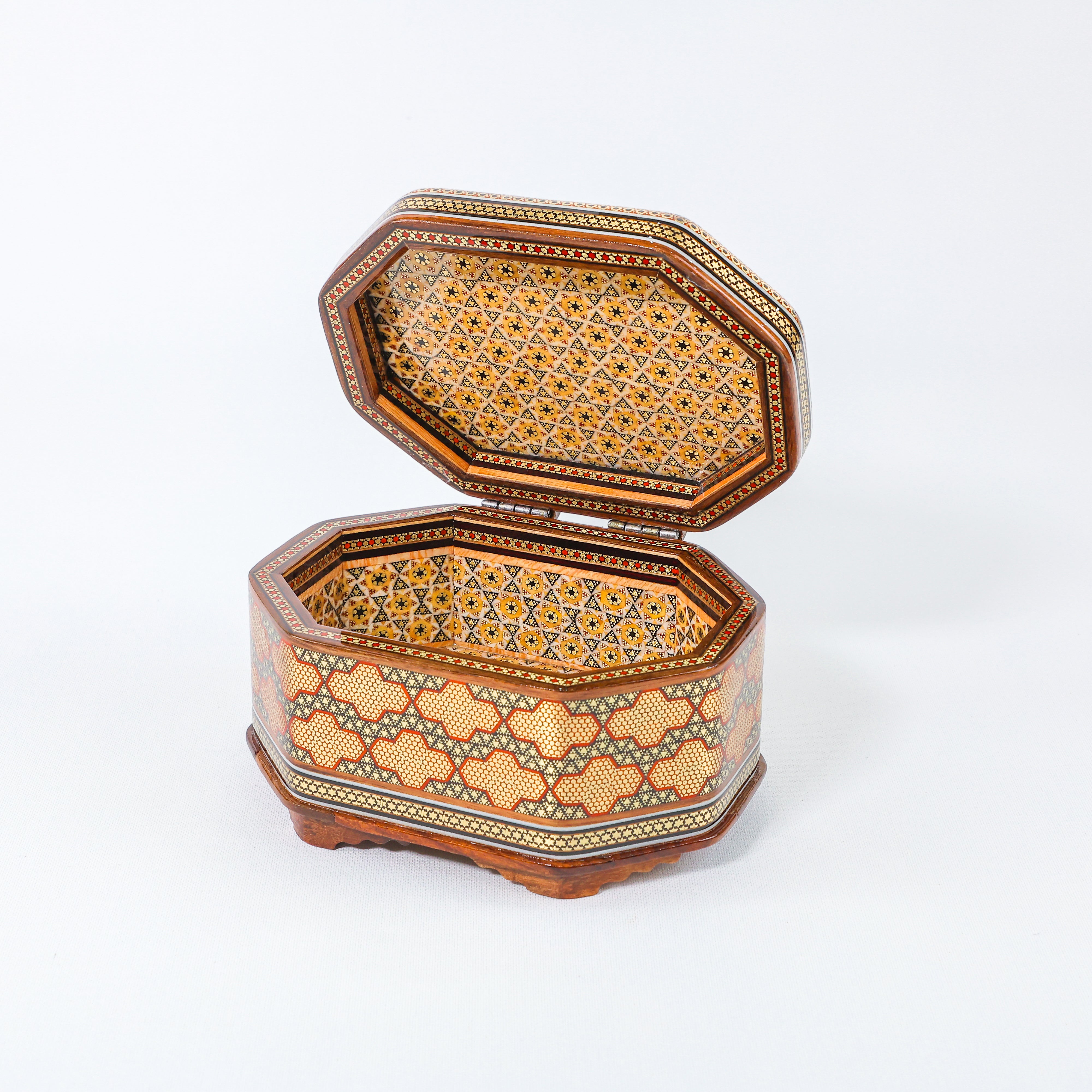 Octagonal Jewelry Box – Full Khatam – Tazhib Painting – Size 18 × 13 cm