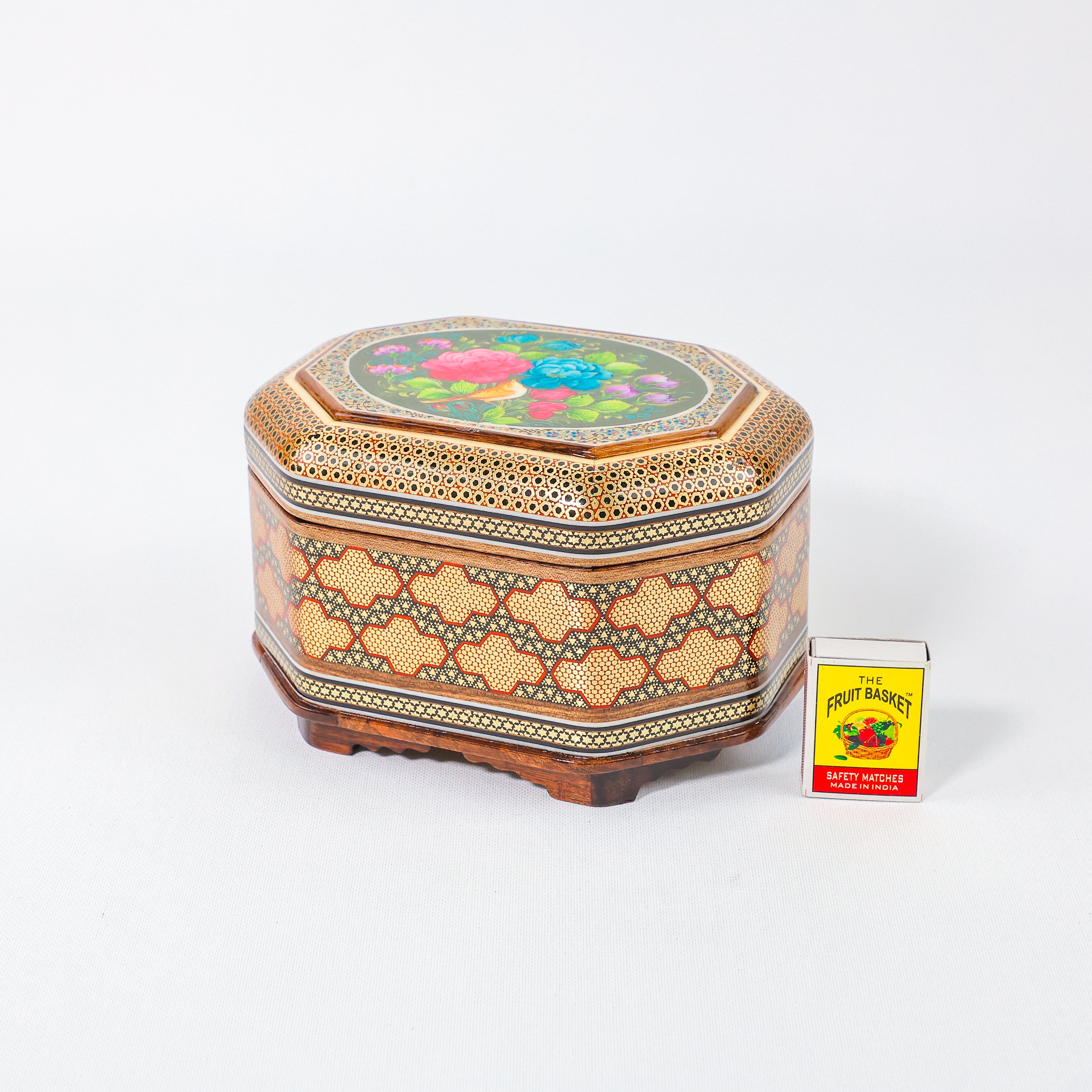Octagonal Jewelry Box – Full Khatam – Flower & Bird Painting – Size 18 × 13 cm