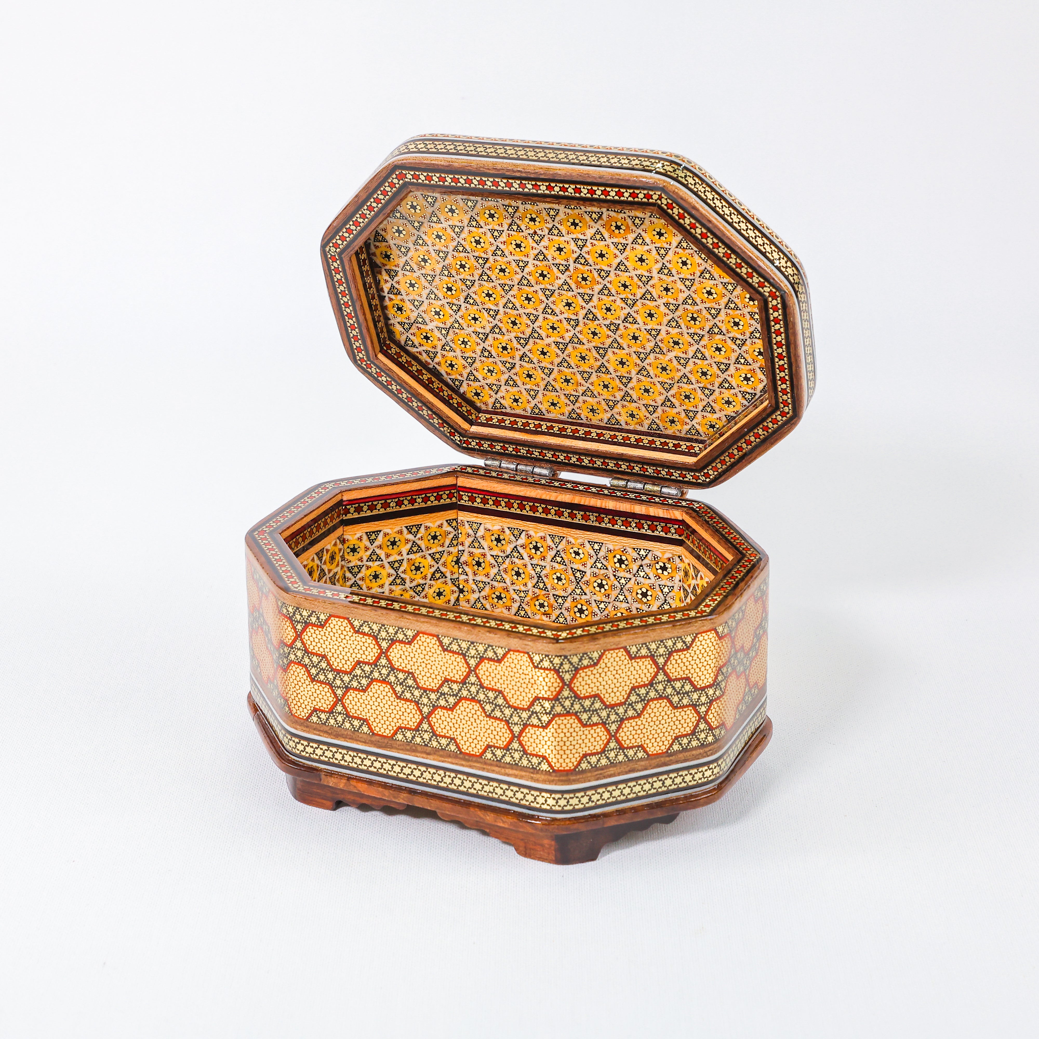 Octagonal Jewelry Box – Full Khatam – Flower & Bird Painting – Size 18 × 13 cm