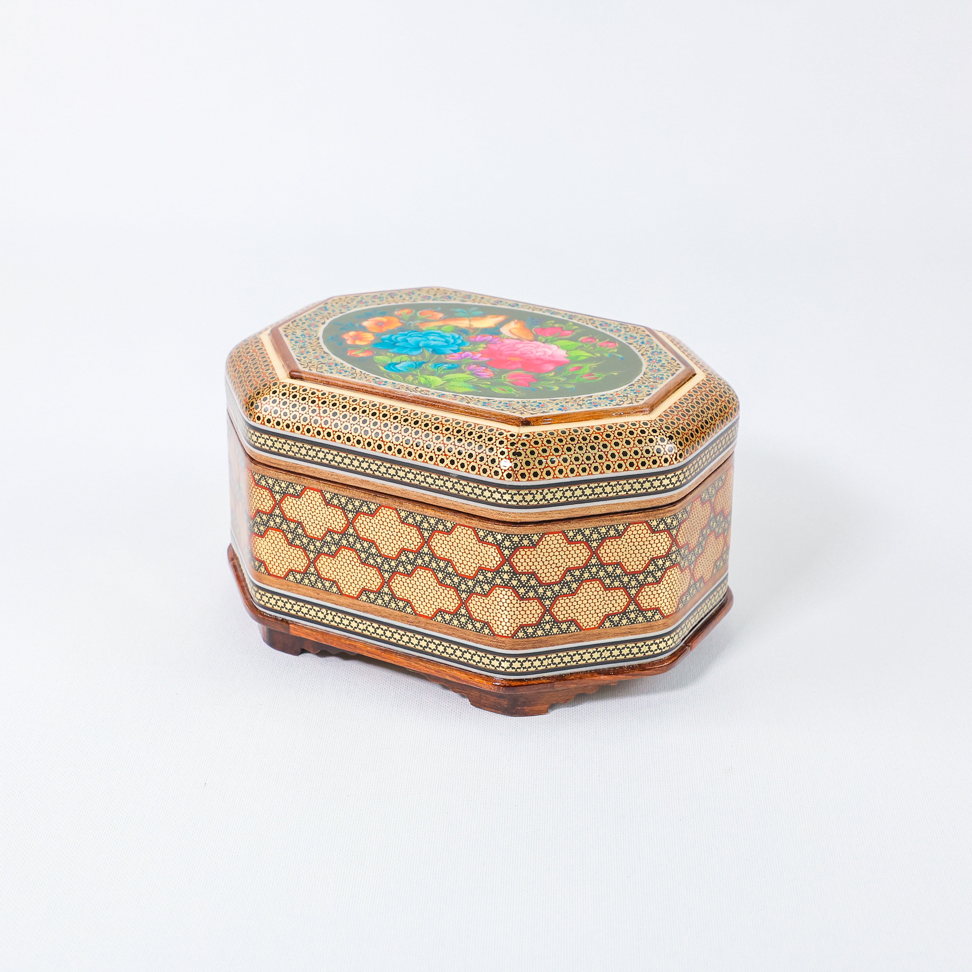 Octagonal Jewelry Box – Full Wire Khatam – Flower & Bird Painting – Size 15 × 20 cm