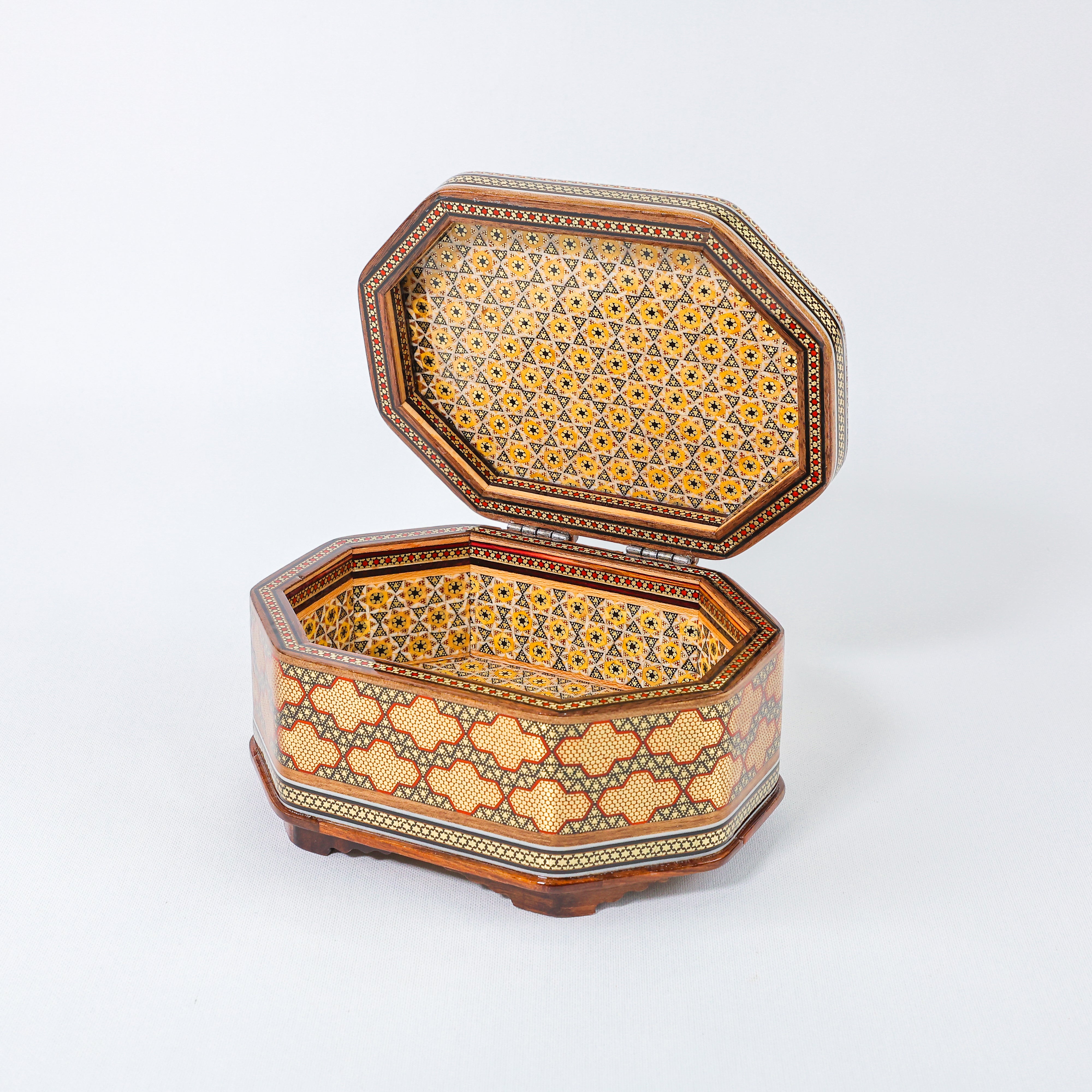 Octagonal Jewelry Box – Full Wire Khatam – Flower & Bird Painting – Size 15 × 20 cm