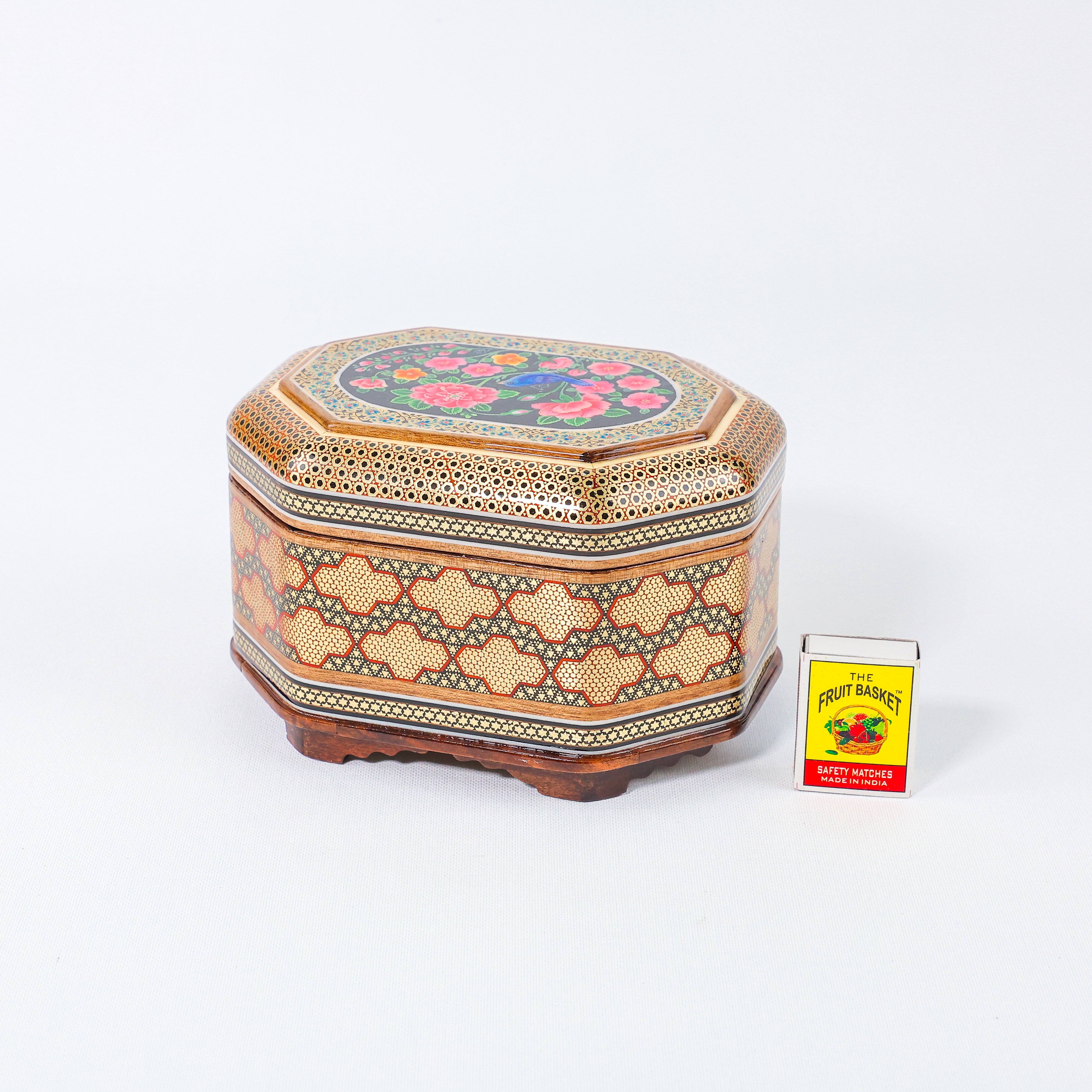 Octagonal Jewelry Box – Full Khatam – Flower & Bird Painting – Size 18 × 13 cm