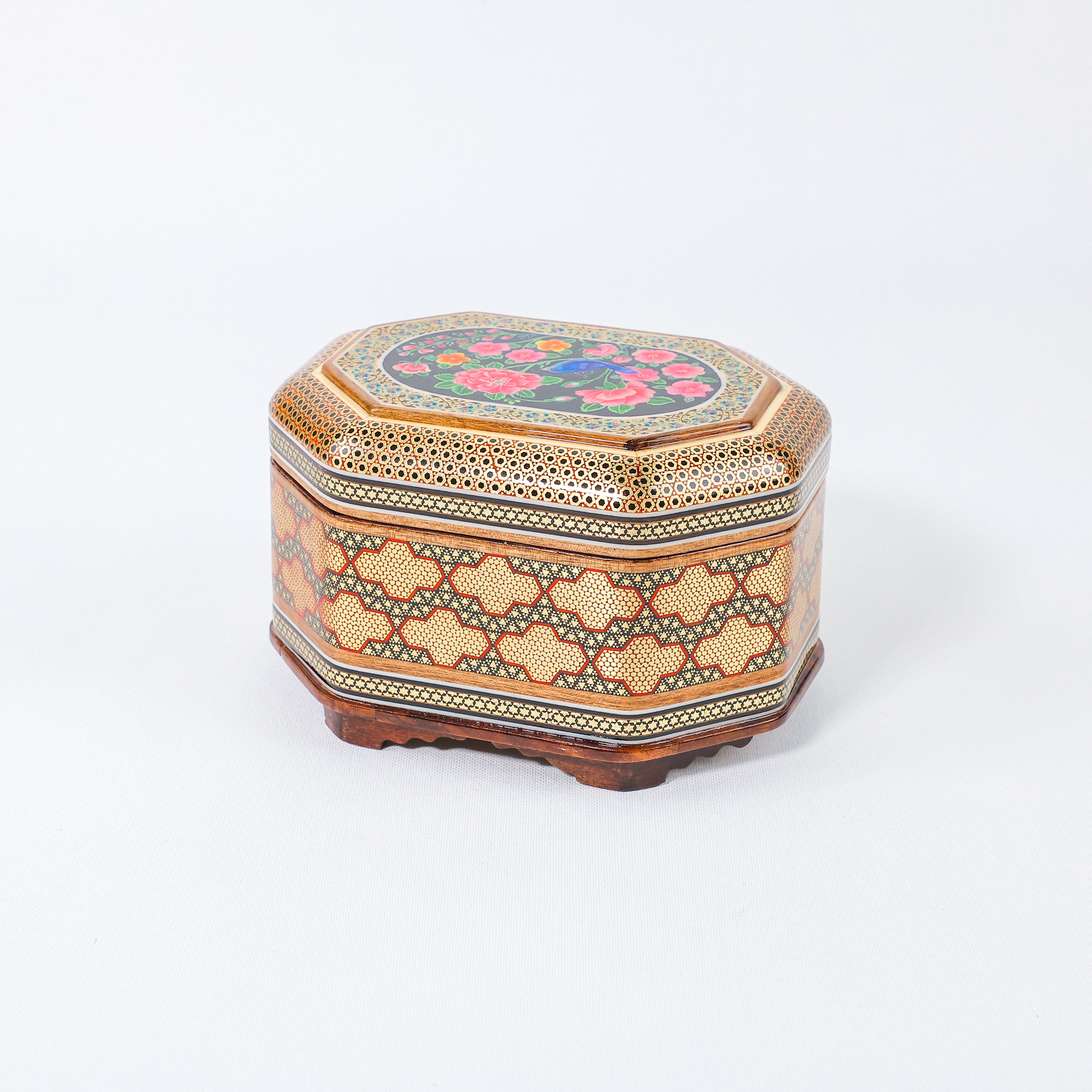 Octagonal Jewelry Box – Full Khatam – Flower & Bird Painting – Size 18 × 13 cm