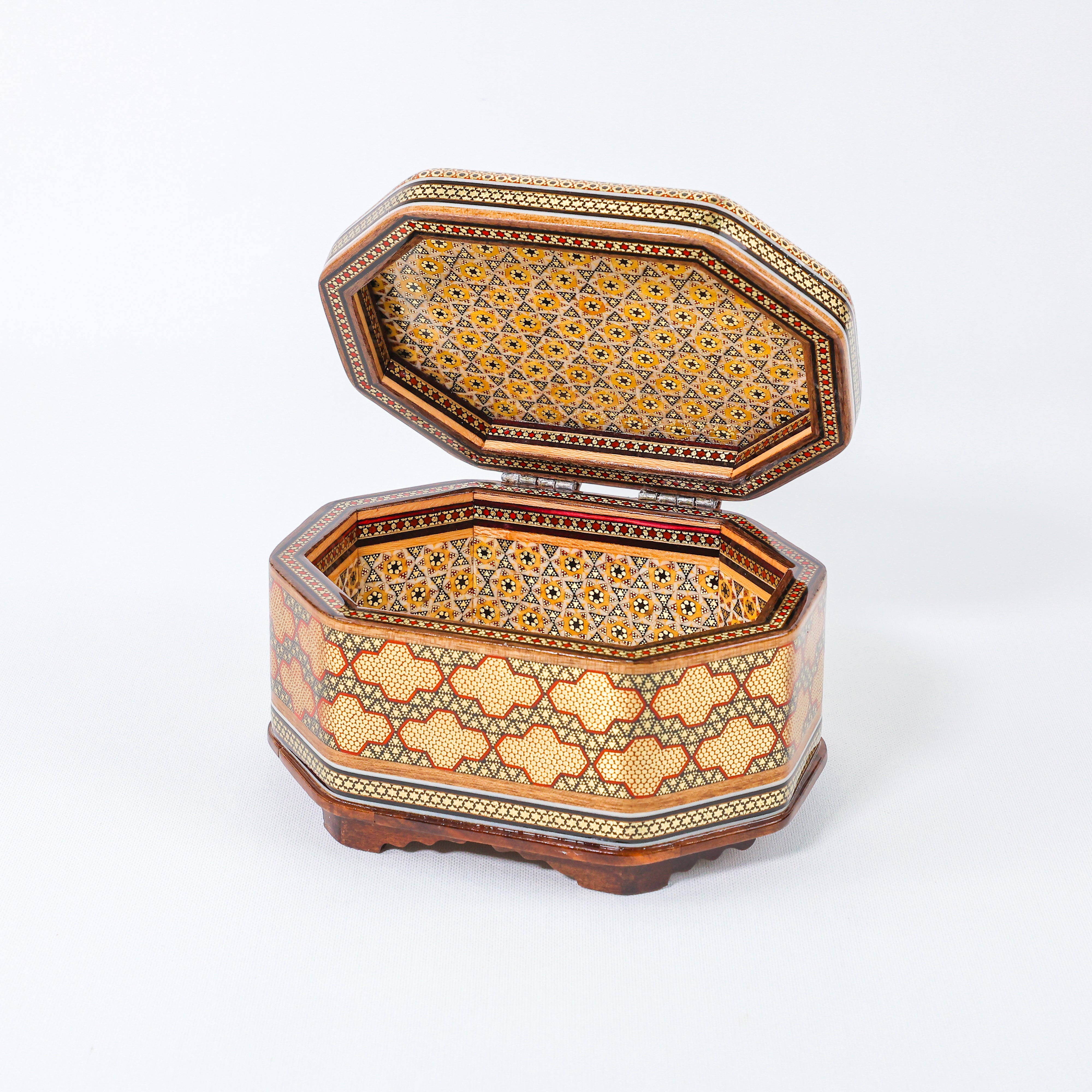 Octagonal Jewelry Box – Full Khatam – Flower & Bird Painting – Size 18 × 13 cm