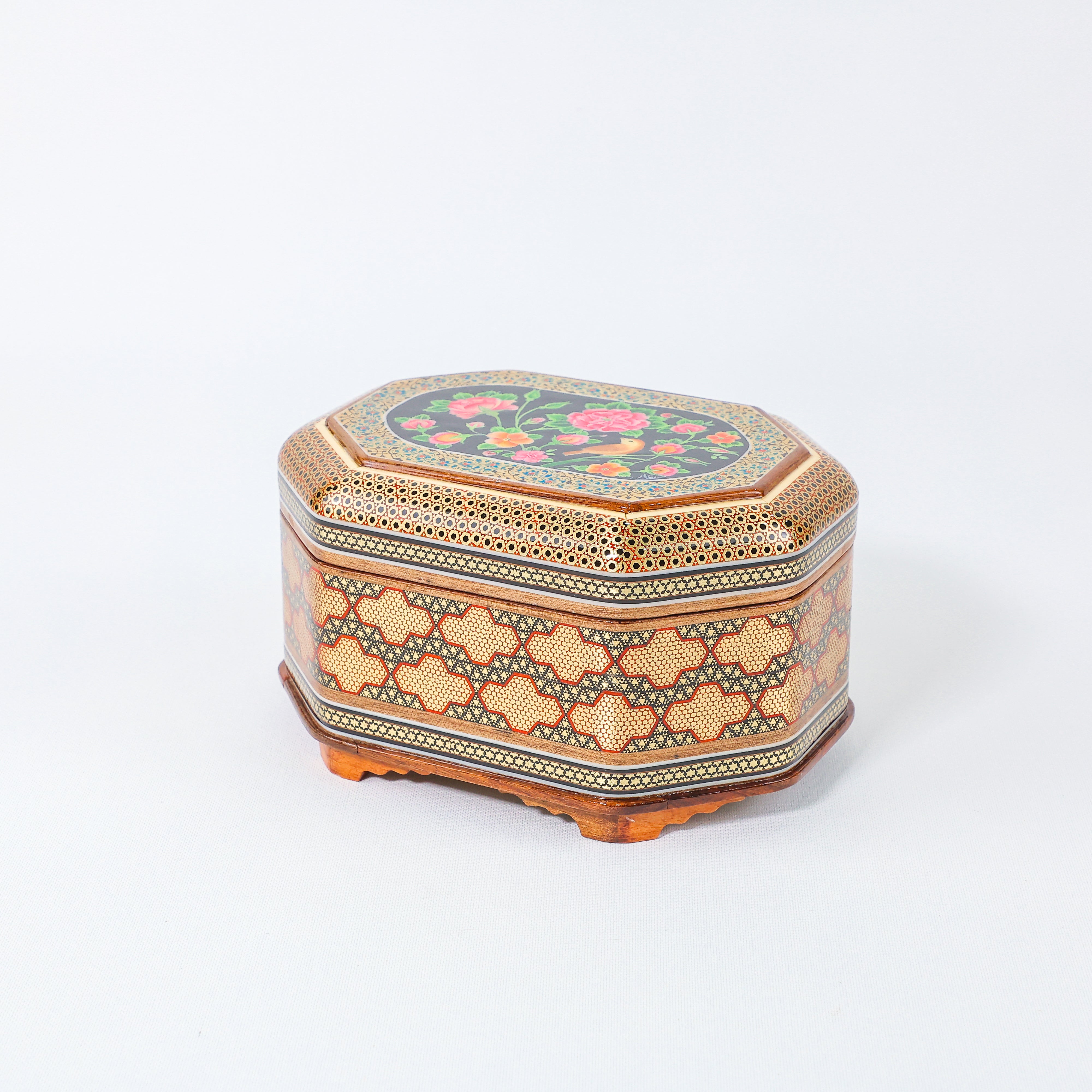 Octagonal Jewelry Box – Full Wire Khatam – Flower & Bird Painting – Size 15 × 20 cm