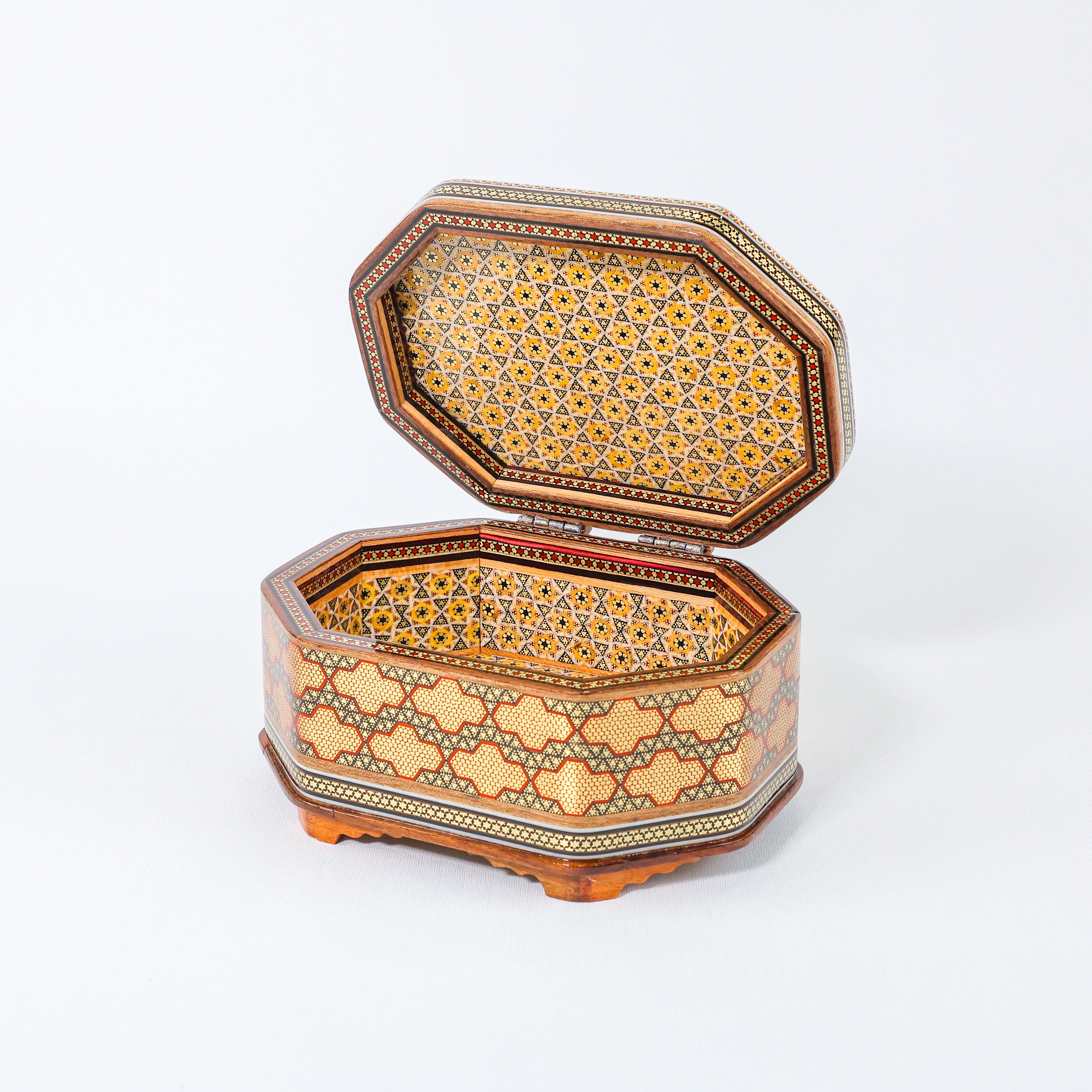 Octagonal Jewelry Box – Full Wire Khatam – Flower & Bird Painting – Size 15 × 20 cm