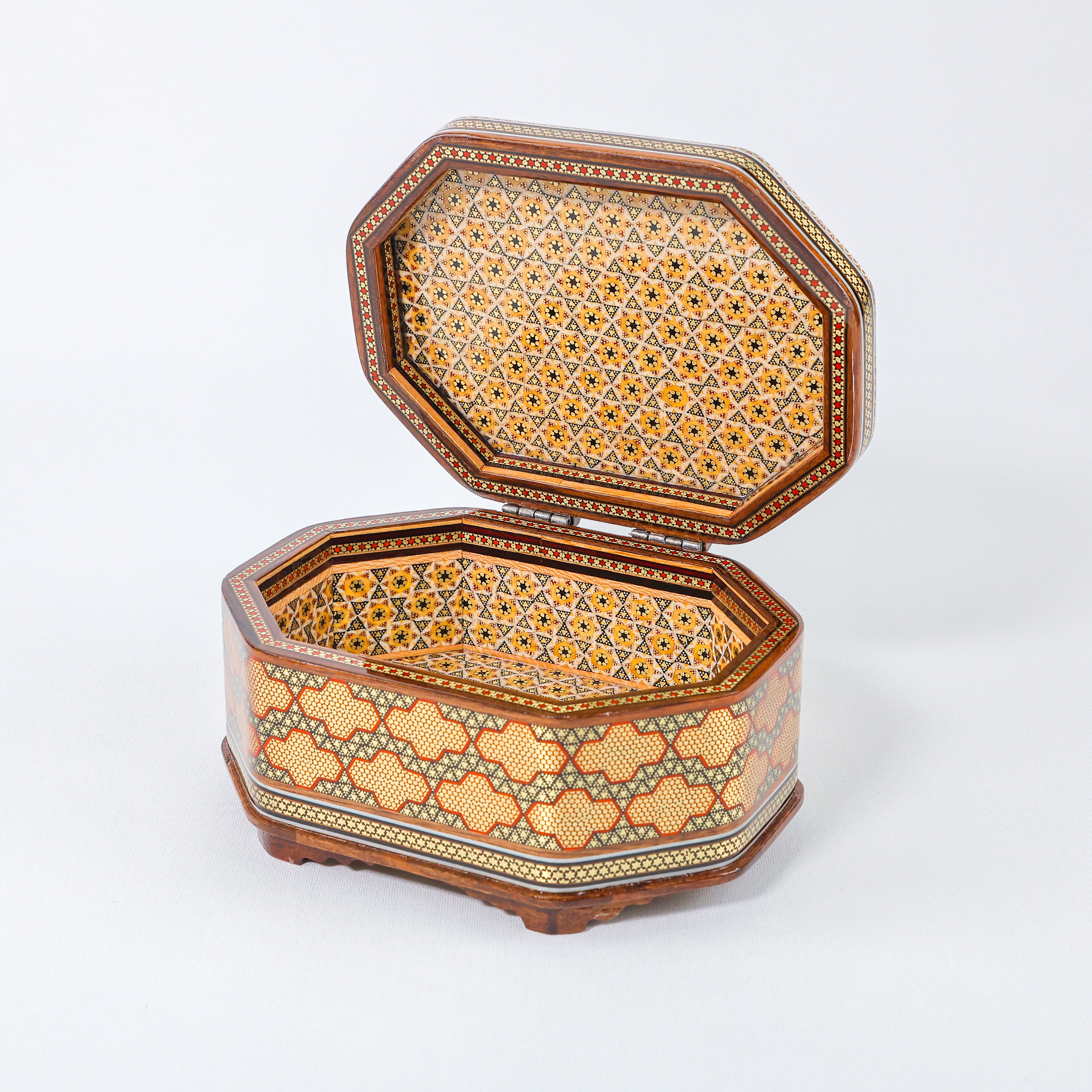 Octagonal Jewelry Box – Full Wire Khatam – Tazhib Painting – Size 20 × 15 cm