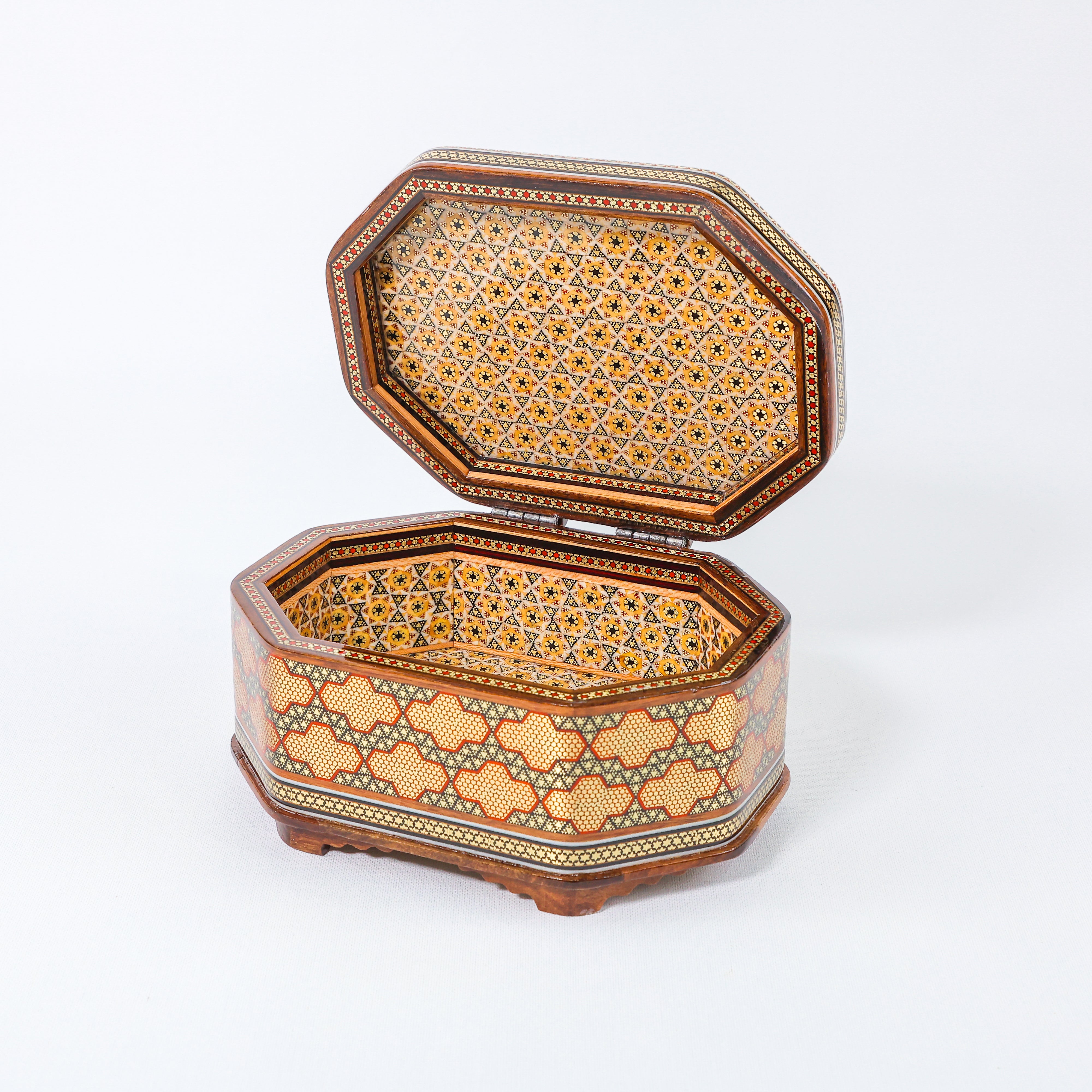 Octagonal Jewelry Box – Full Wire Khatam – Tazhib Painting – Size 20 × 15 cm