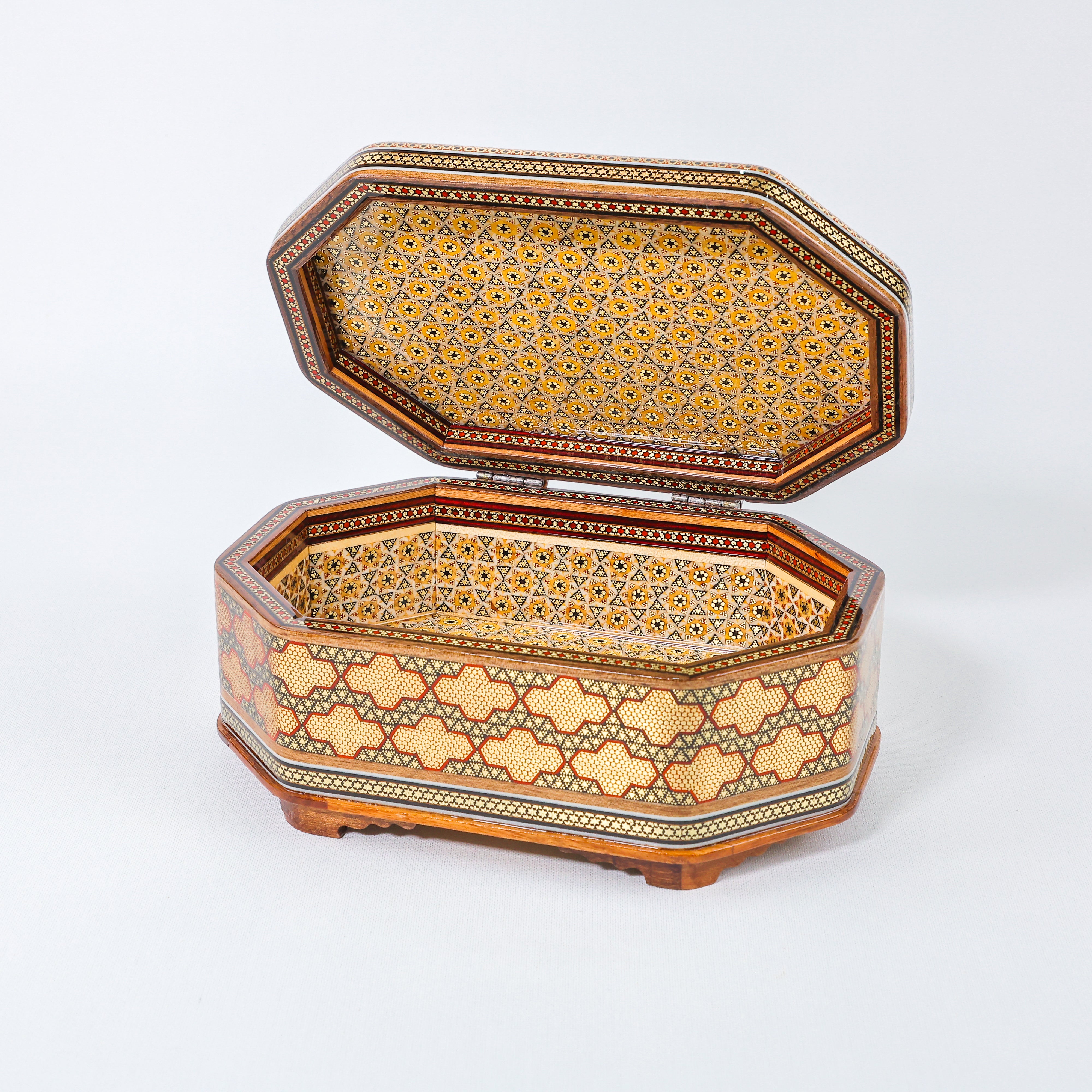 Octagonal Jewelry Box – Full Wire Khatam – Tazhib Painting – Size 16 × 24 cm