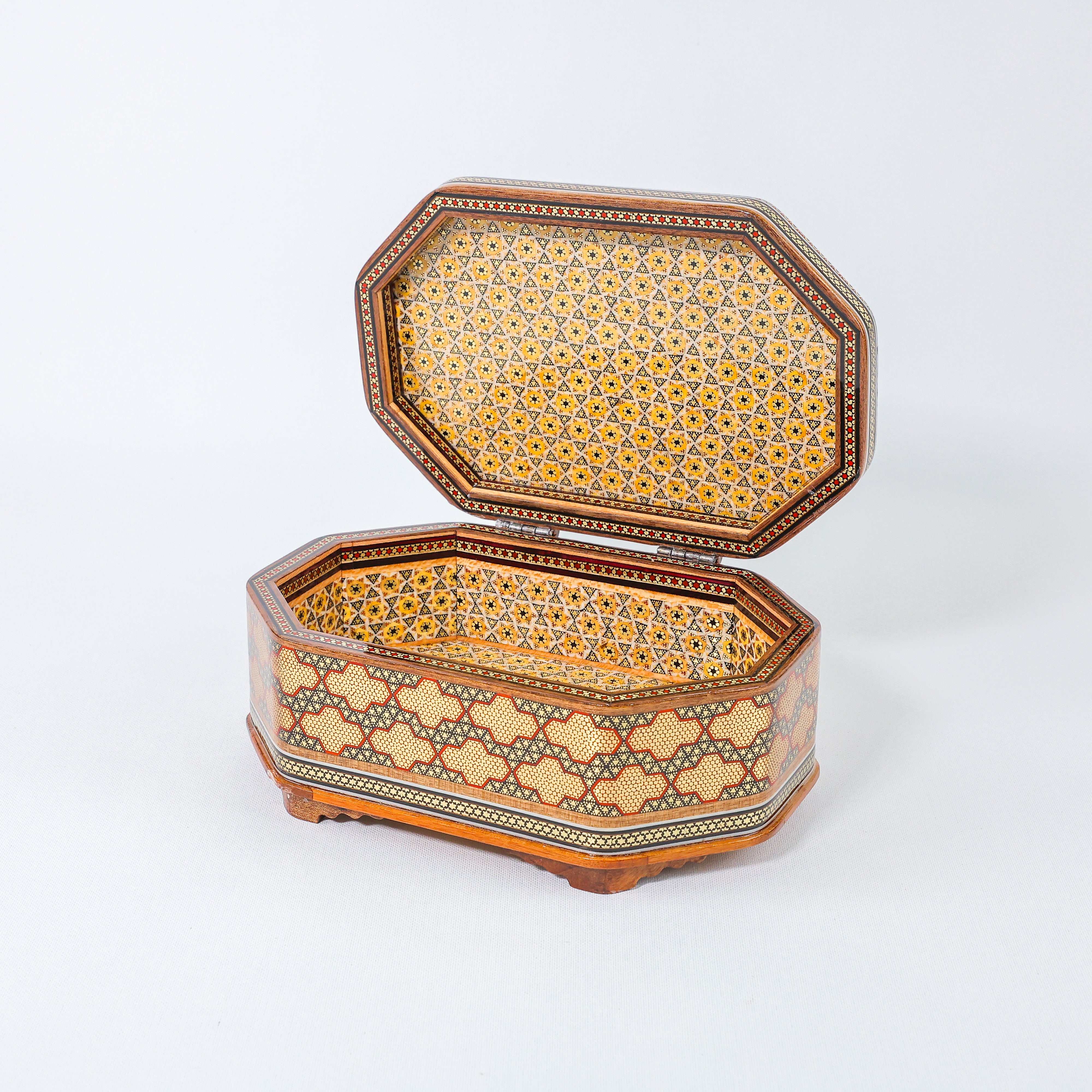 Octagonal Jewelry Box – Full Wire Khatam – Tazhib Painting – Size 16 × 24 cm