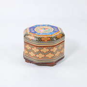 Hexagonal Jewelry Box – Khatam Interior – Flower & Bird Painting – Size 5 × 5 cm