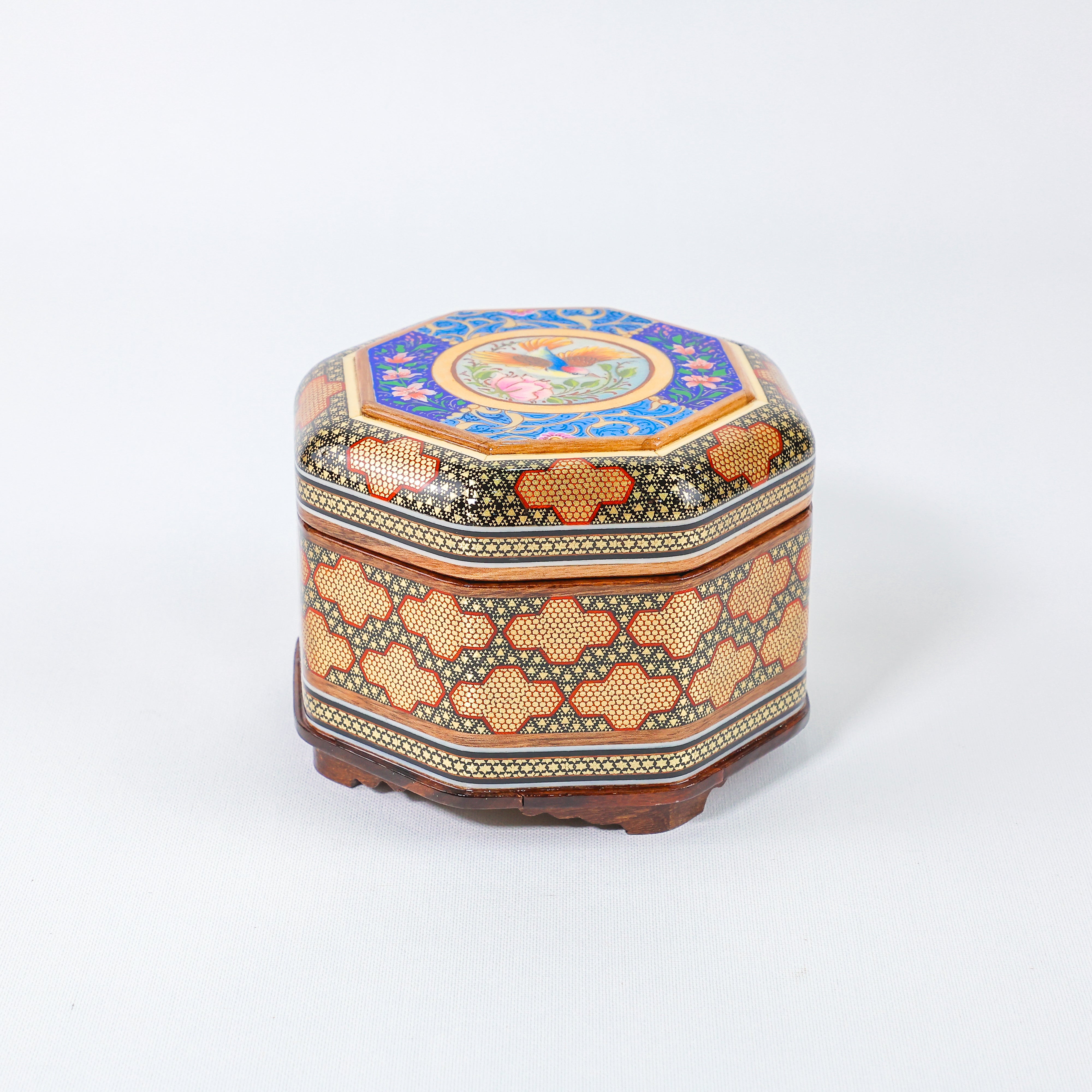 Hexagonal Jewelry Box – Khatam Interior – Flower & Bird Painting – Size 5 × 5 cm