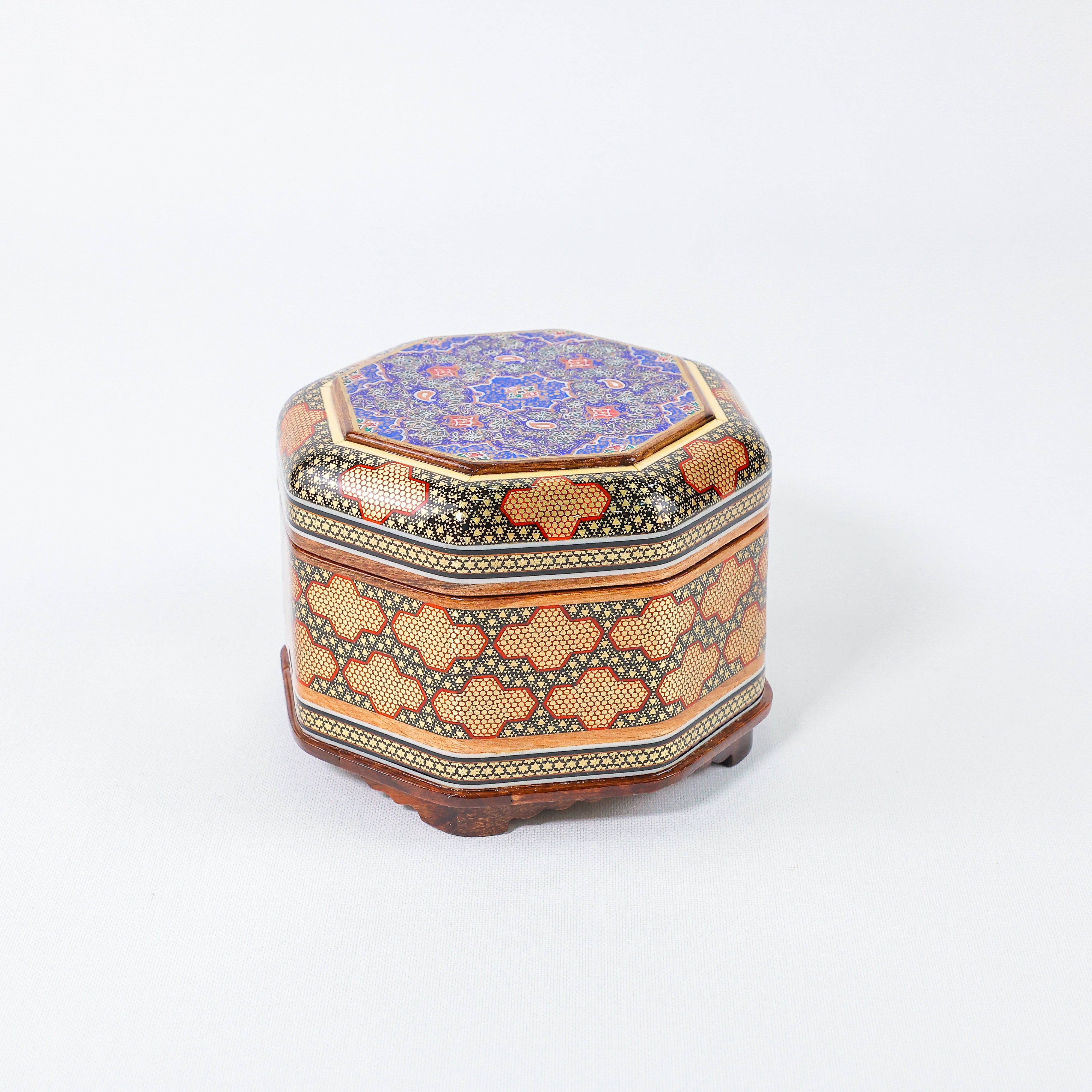 Hexagonal Jewelry Box – Khatam Interior – Tazhib Painting – Size 5 × 5 cm