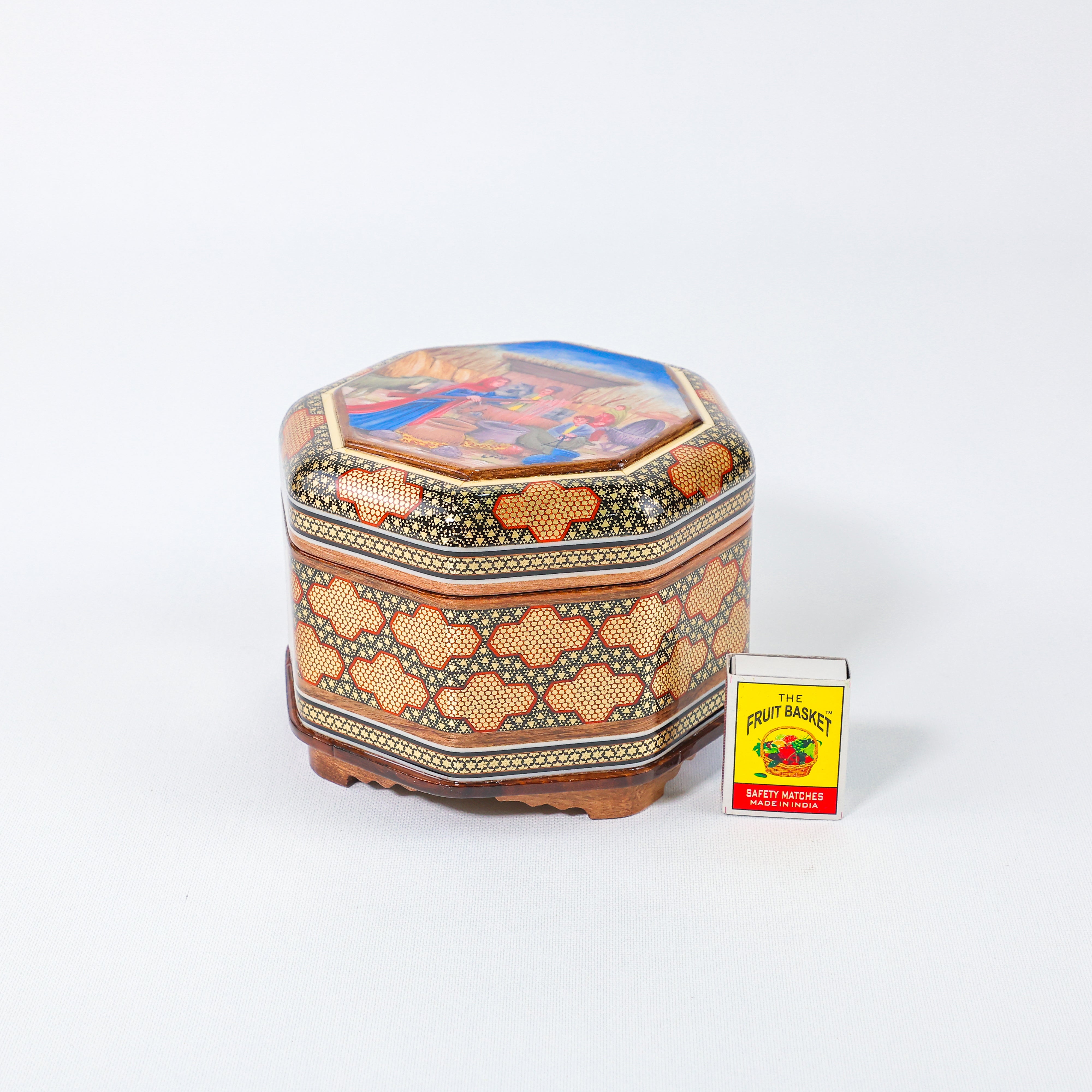 Hexagonal Jewelry Box – Khatam Interior – Tribal Painting – Size 5 × 5 cm