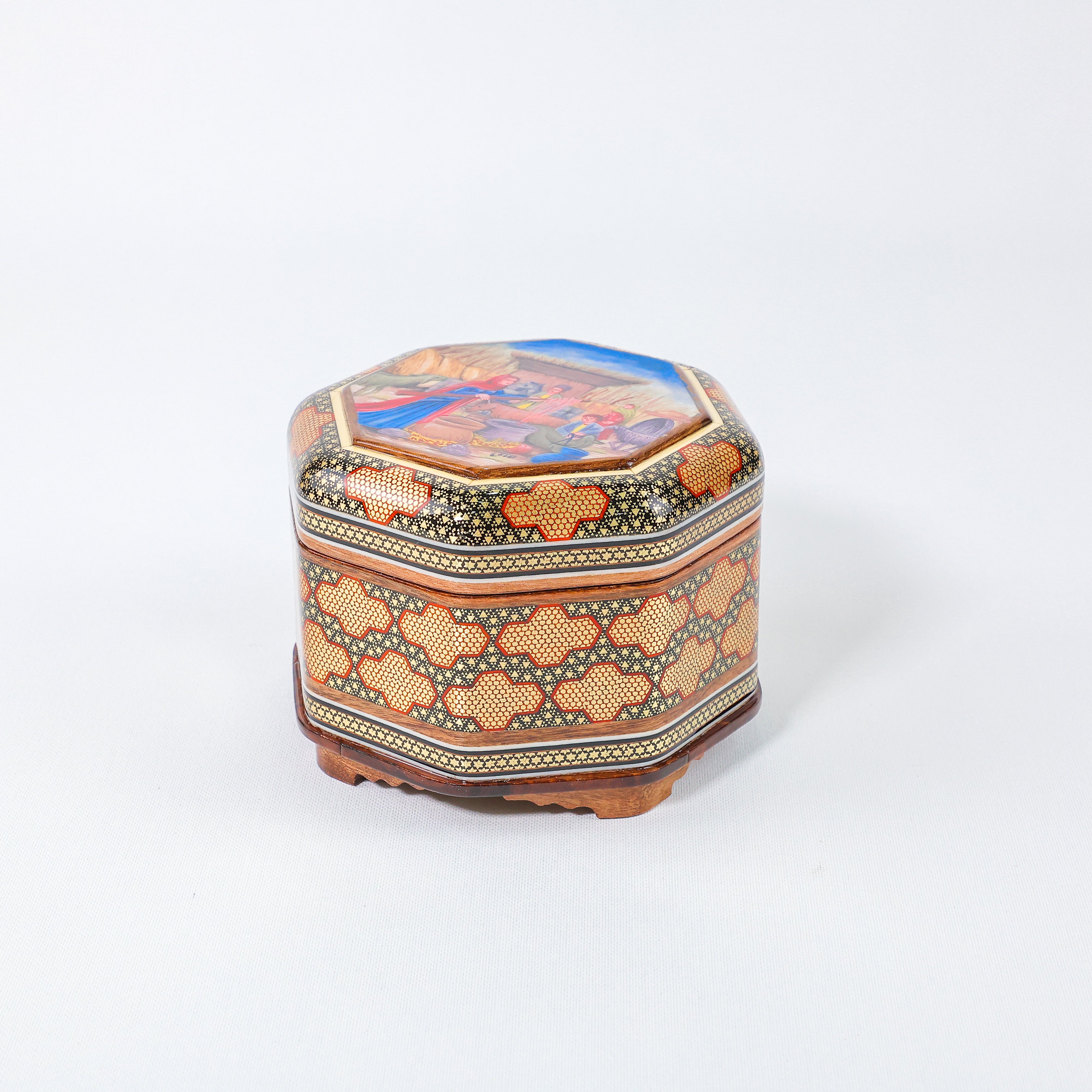 Hexagonal Jewelry Box – Khatam Interior – Tribal Painting – Size 5 × 5 cm