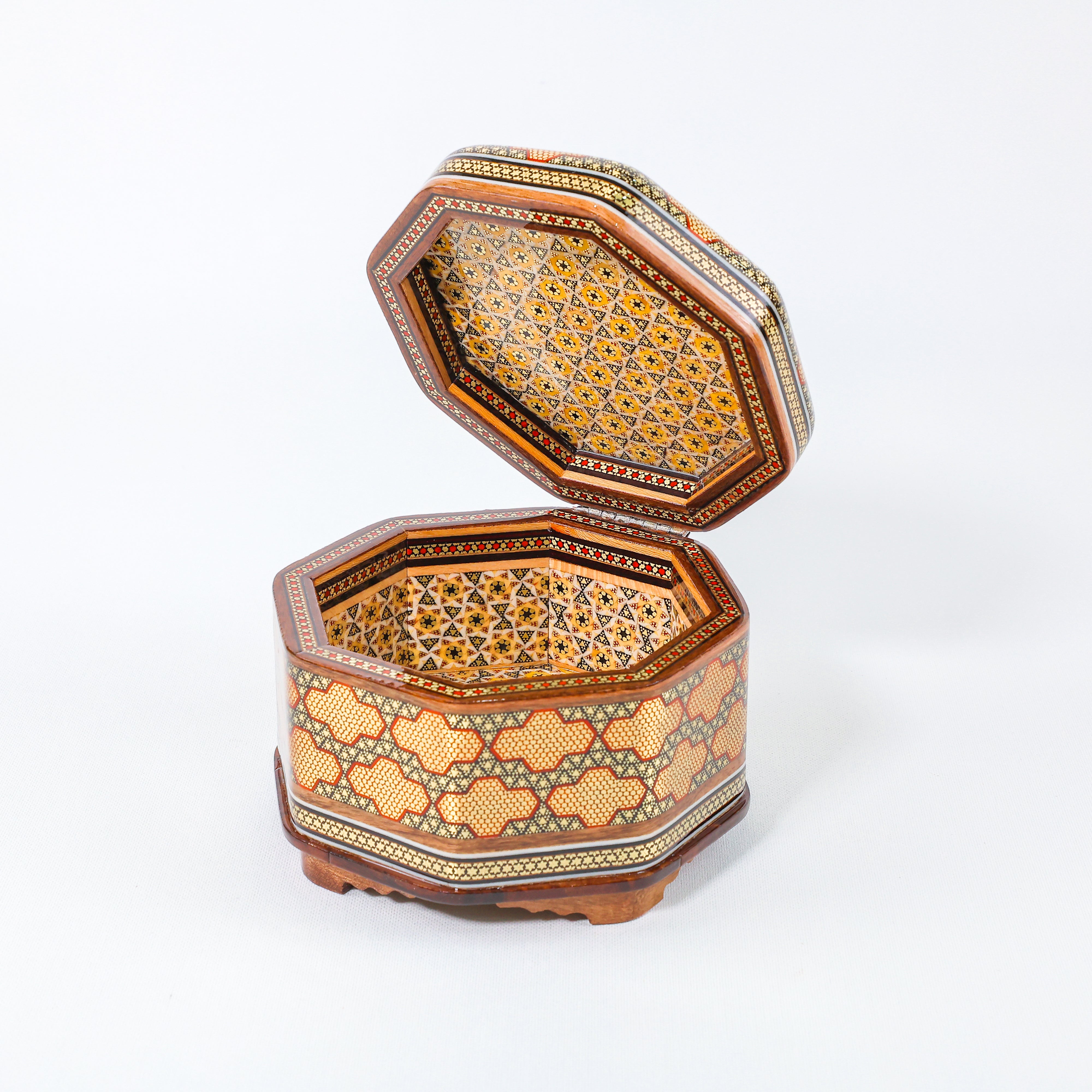 Hexagonal Jewelry Box – Khatam Interior – Tribal Painting – Size 5 × 5 cm