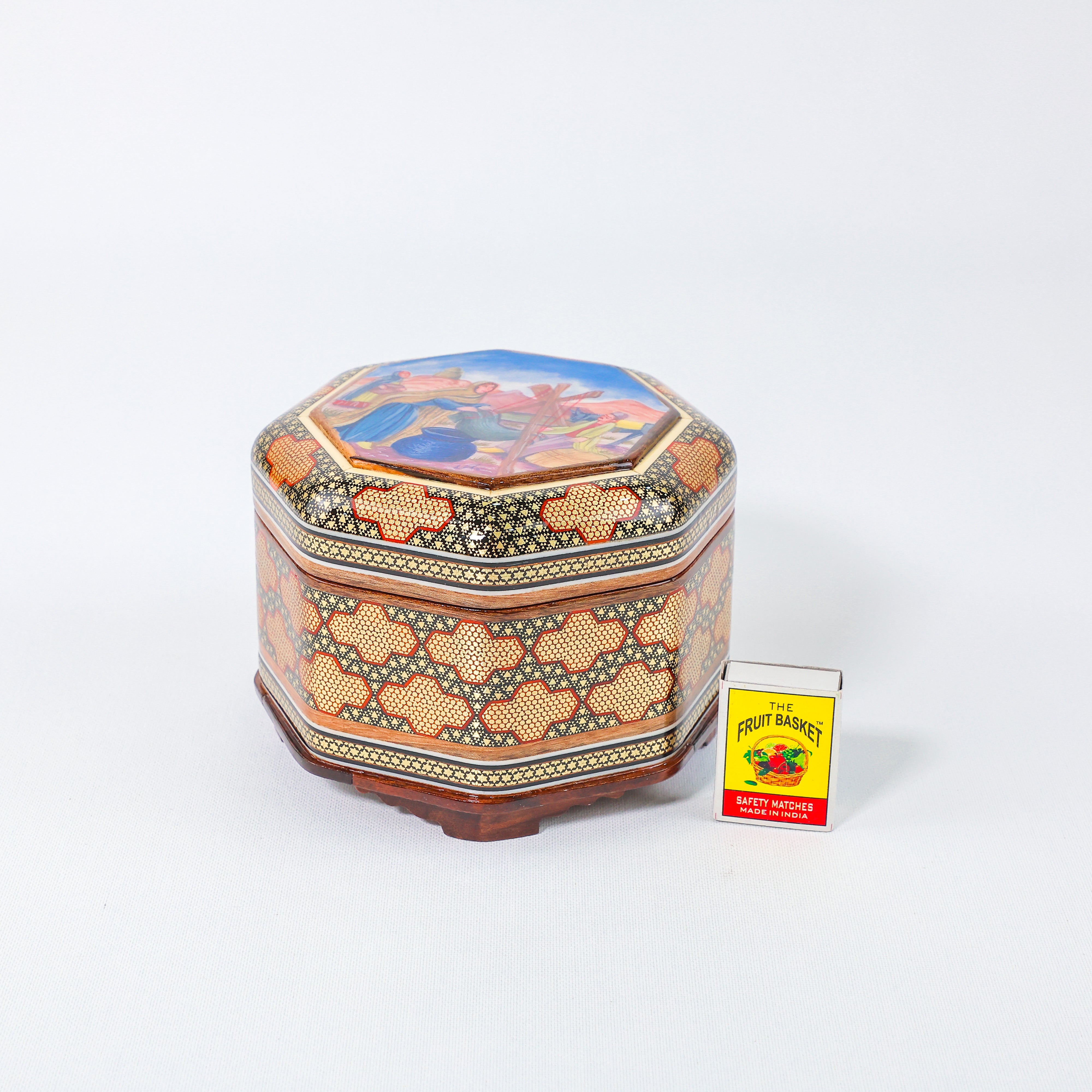 Hexagonal Jewelry Box – Khatam Interior – Tribal Painting – Size 5 × 5 cm