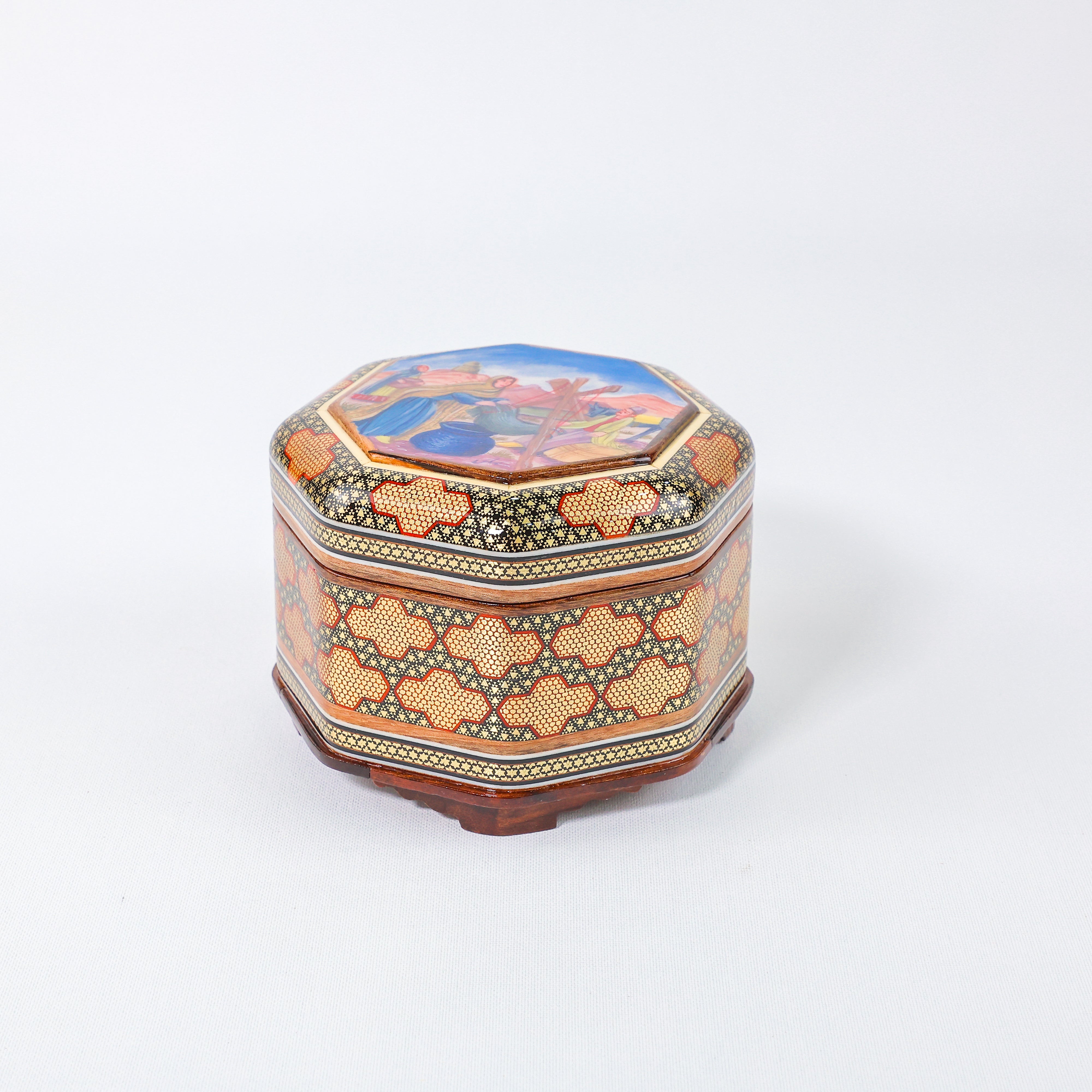 Hexagonal Jewelry Box – Khatam Interior – Tribal Painting – Size 5 × 5 cm