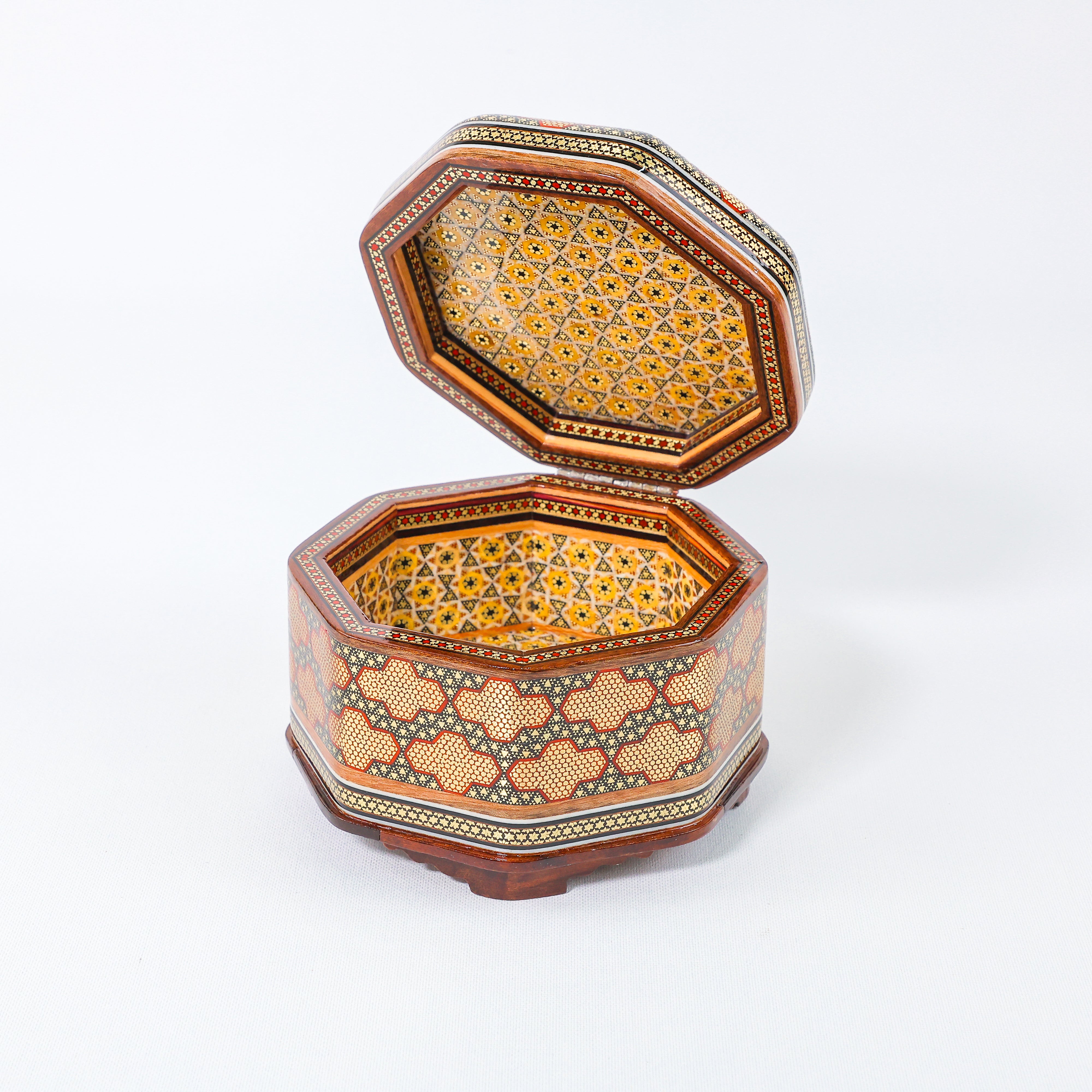 Hexagonal Jewelry Box – Khatam Interior – Tribal Painting – Size 5 × 5 cm