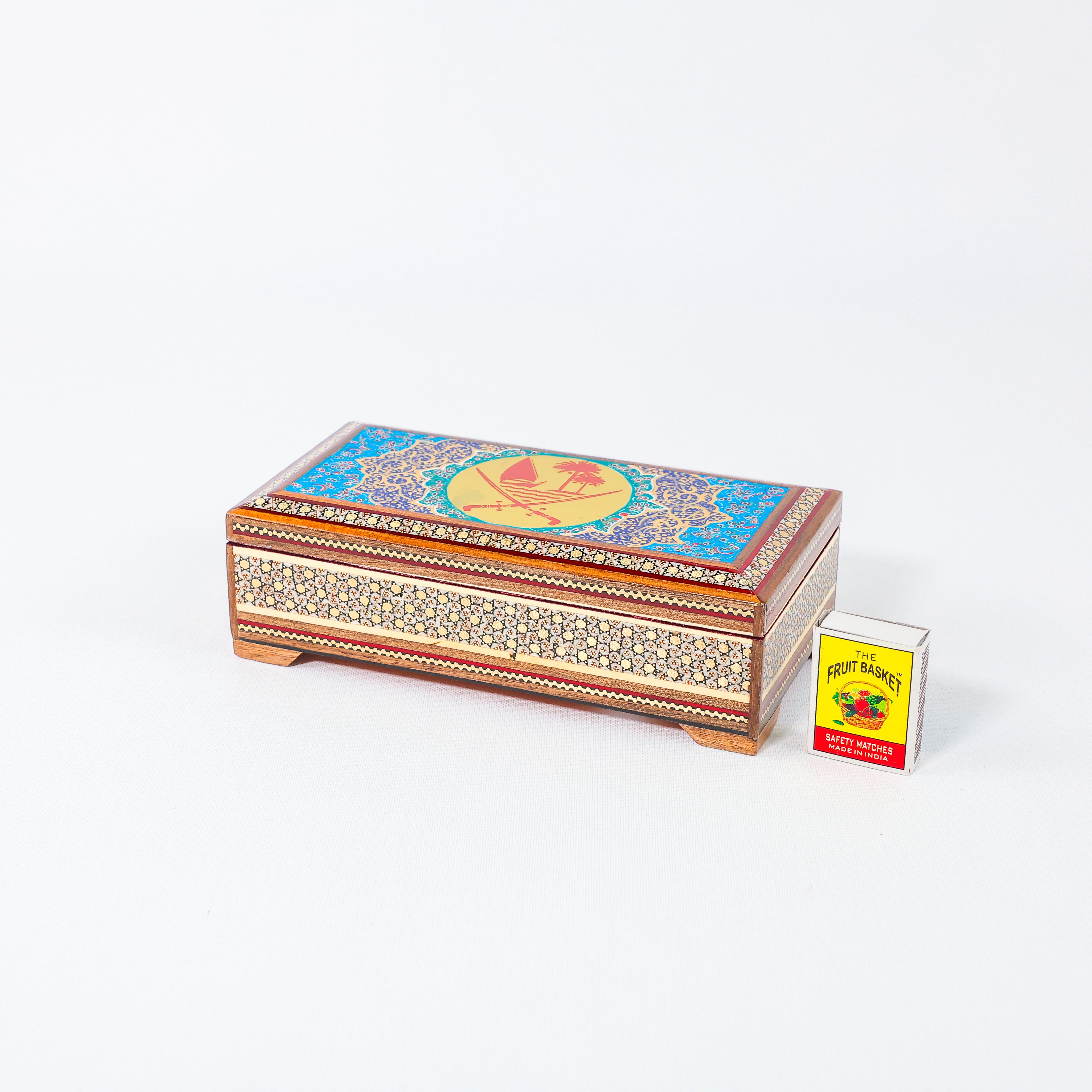 Khatam Box – Velvet Interior – State of Qatar Emblem Design – Size 20 × 10 cm