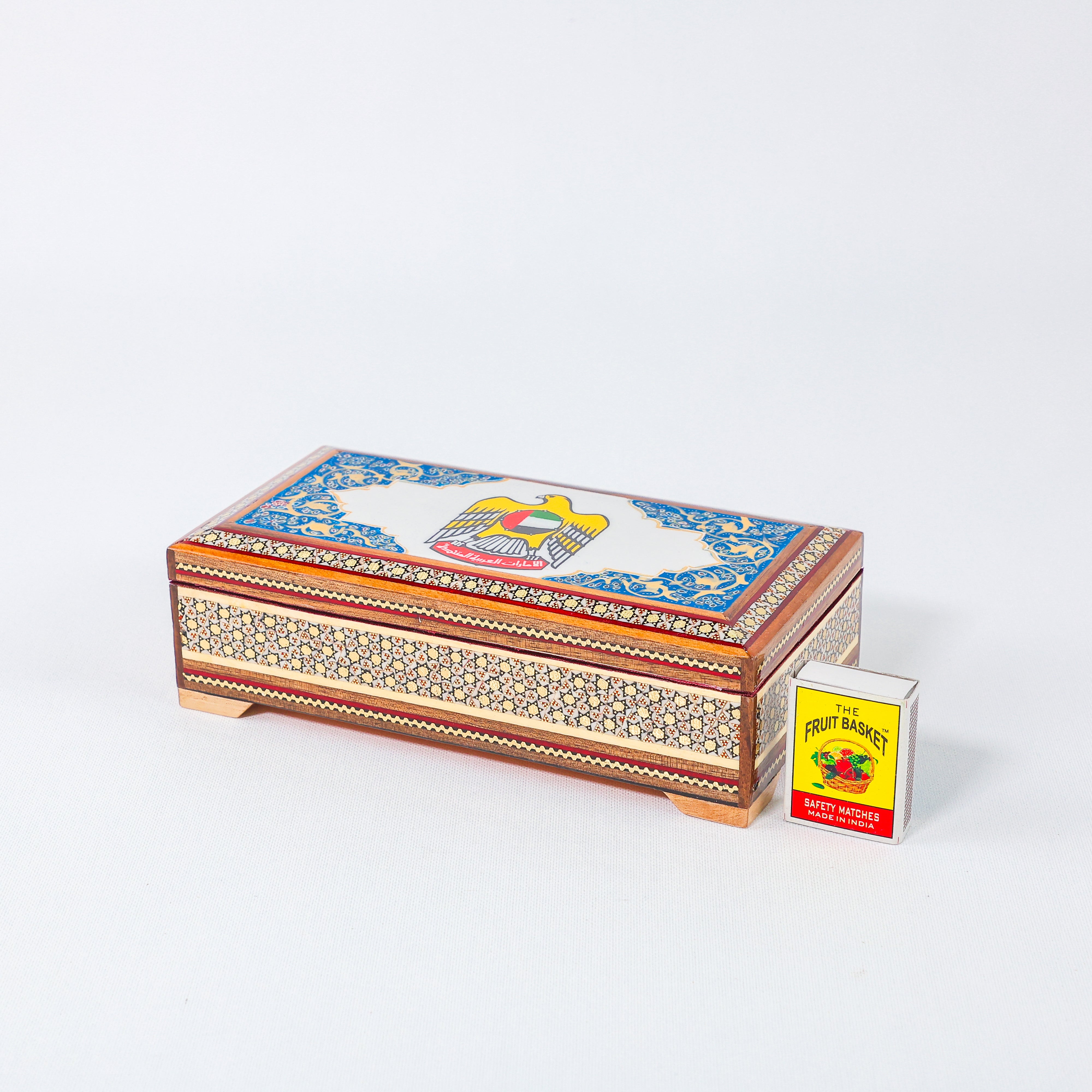 Khatam Box – Velvet Interior – UAE State Emblem Design – Size 20 × 10 cm