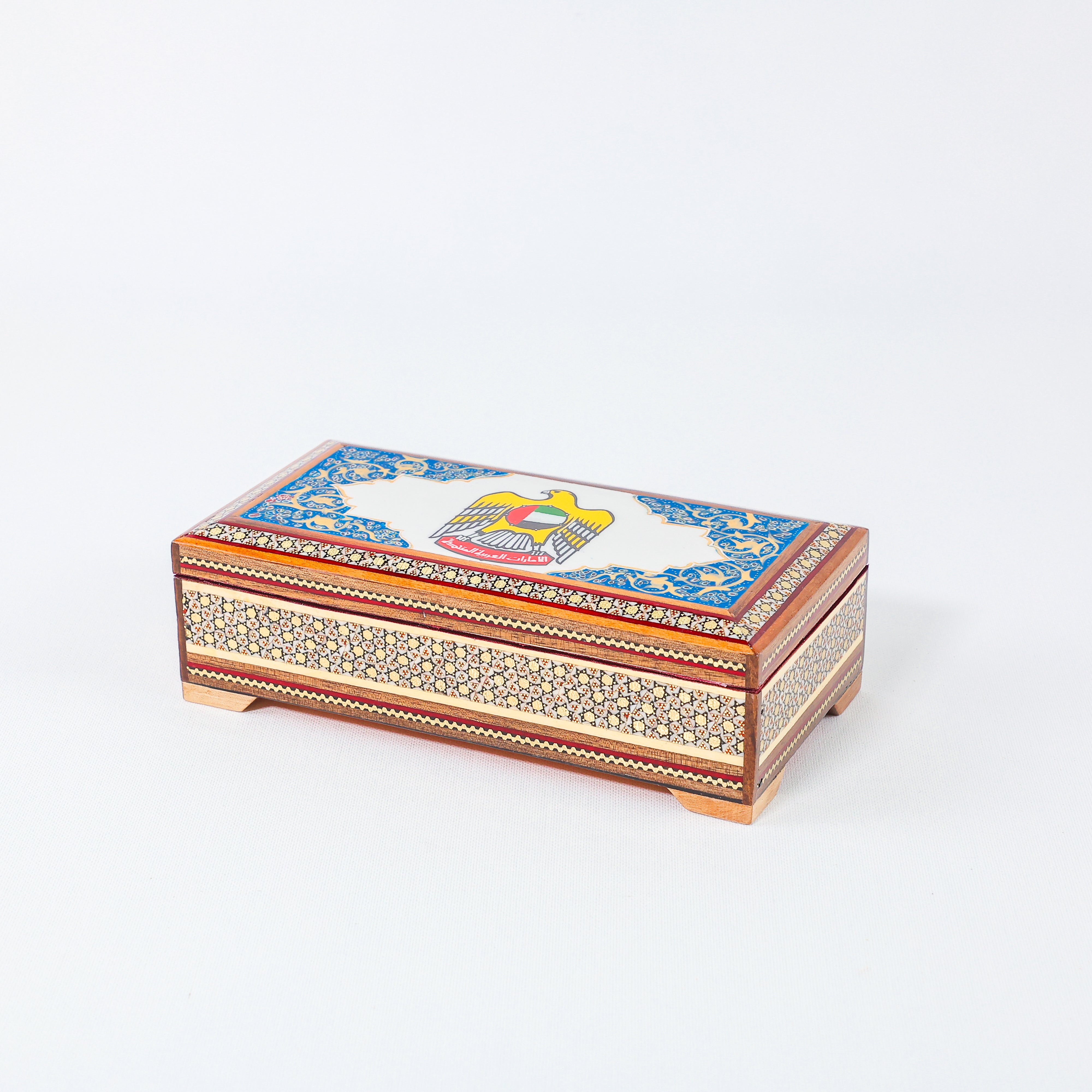 Khatam Box – Velvet Interior – UAE State Emblem Design – Size 20 × 10 cm