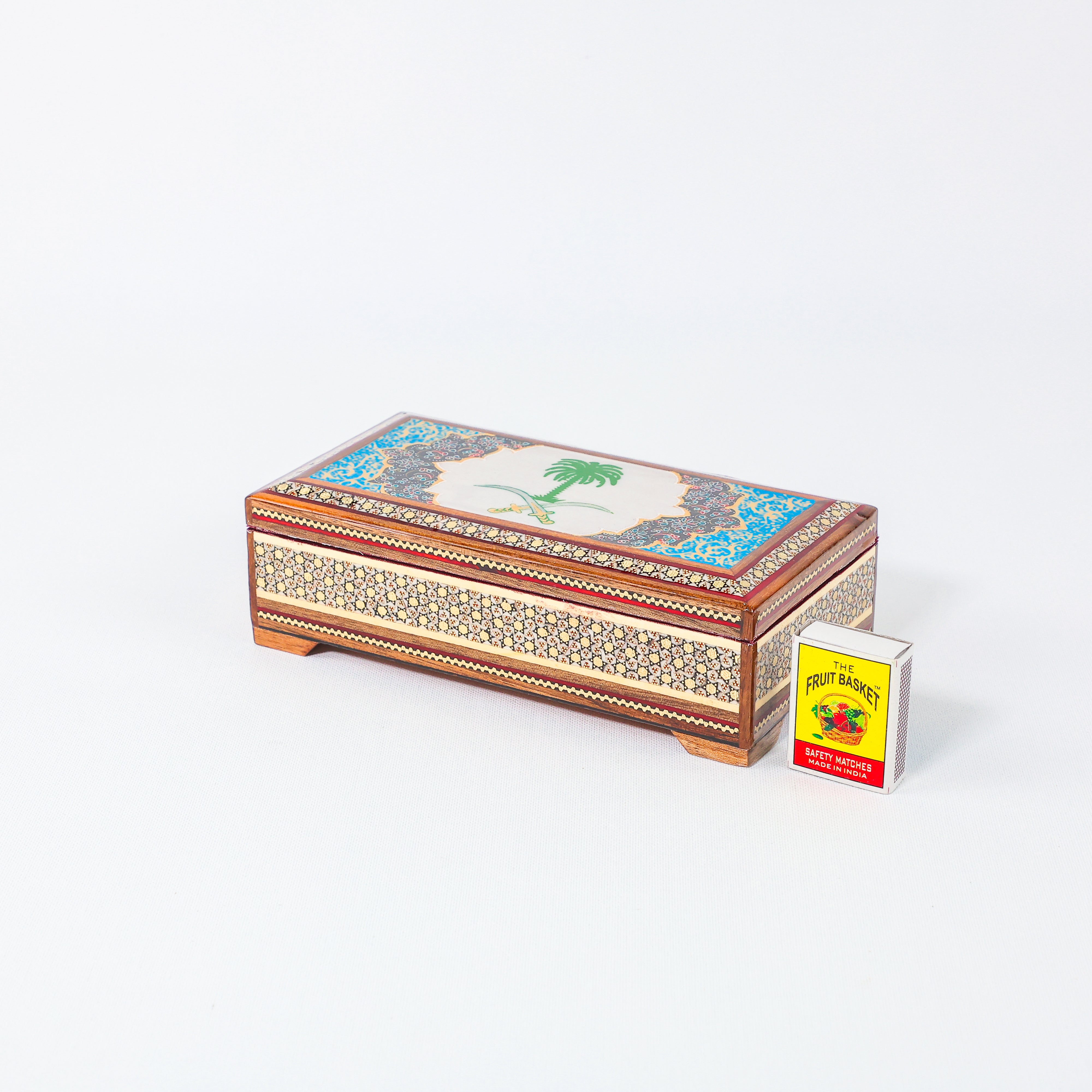 Khatam Box – Velvet Interior – Saudi State Emblem Design – Size 20 × 10 cm