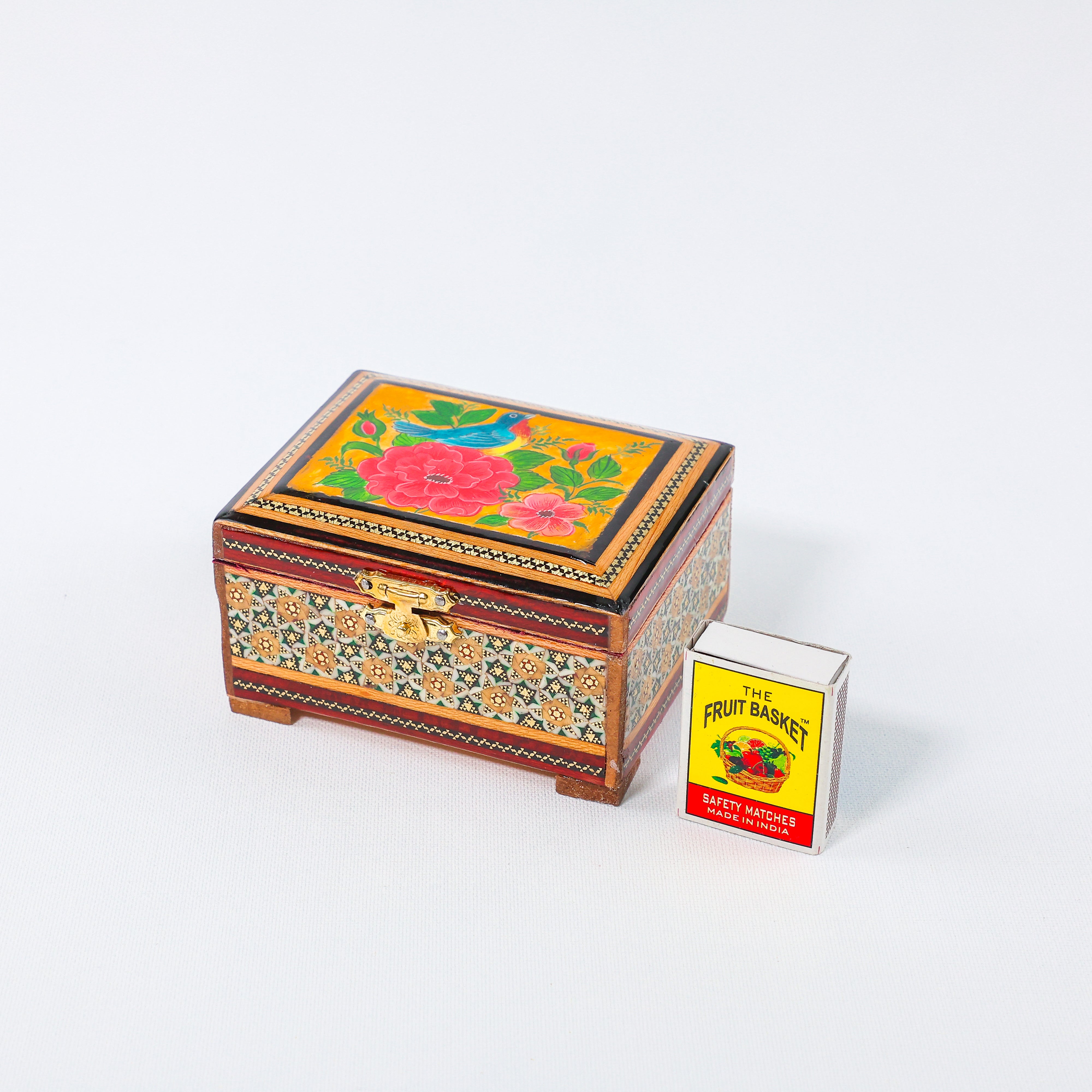 Hinged Jewelry Box – Flower & Bird Painting – Velvet Interior – Size 8 × 11 cm