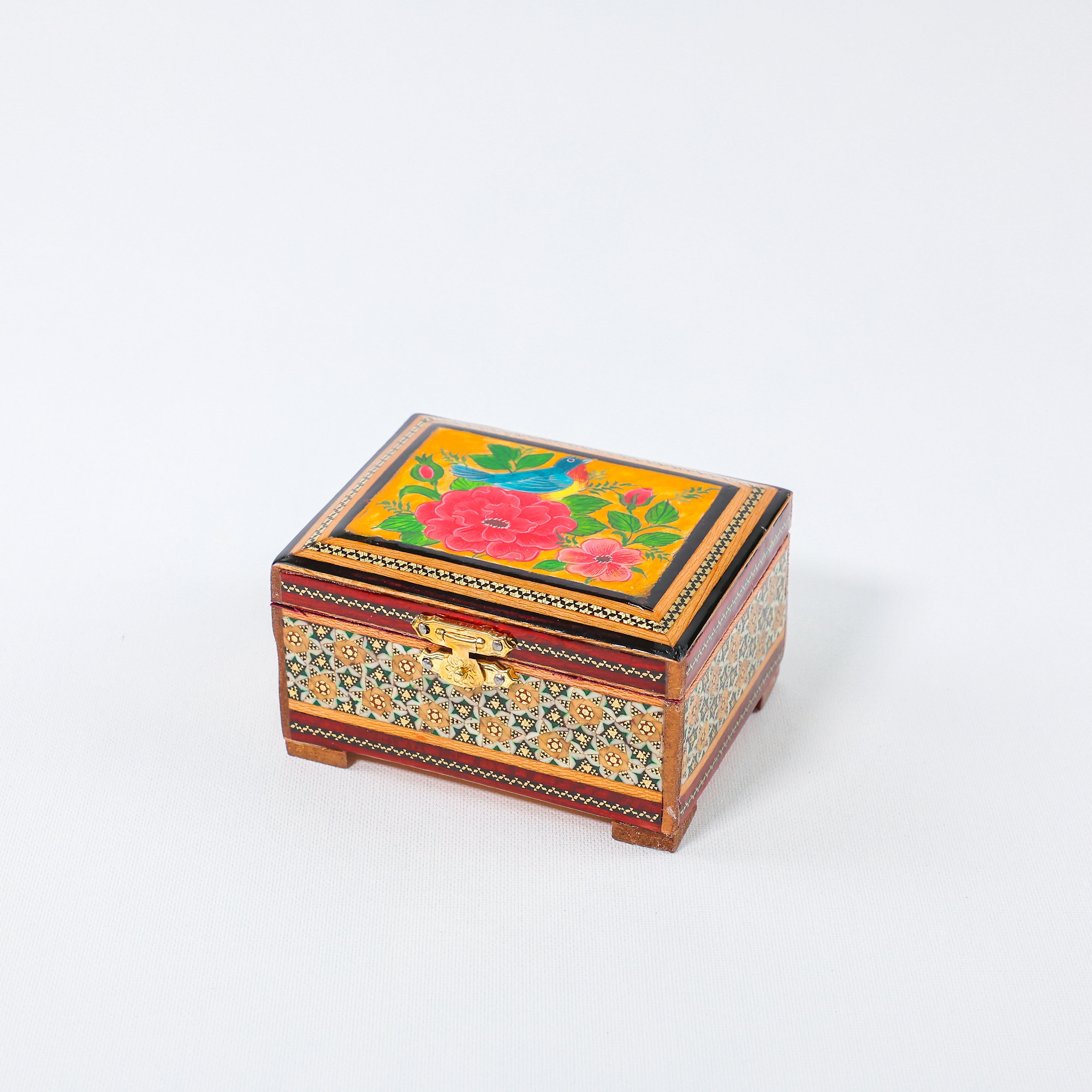 Hinged Jewelry Box – Flower & Bird Painting – Velvet Interior – Size 8 × 11 cm