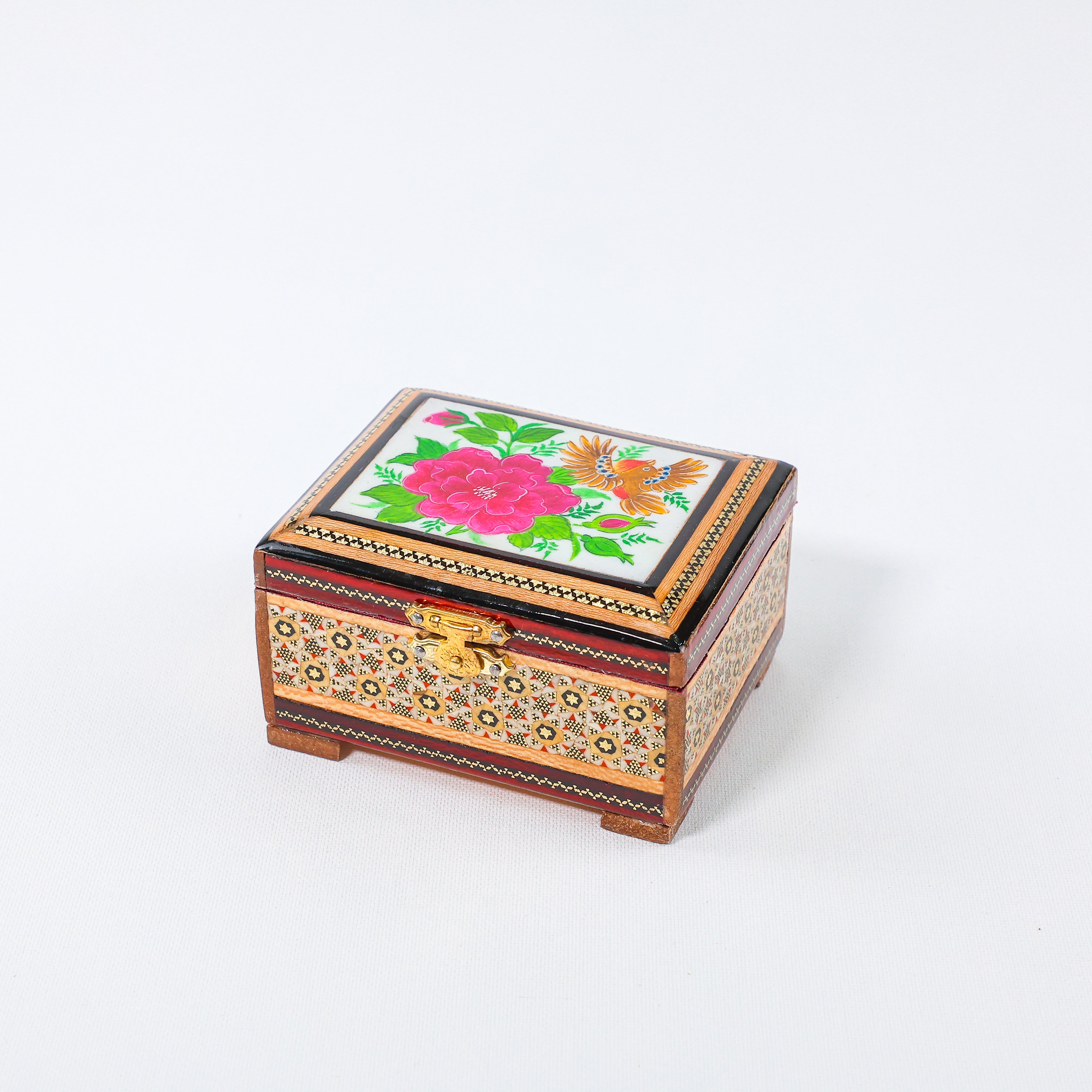 Hinged Jewelry Box – Flower & Bird Painting – Velvet Interior – Size 8 × 11 cm