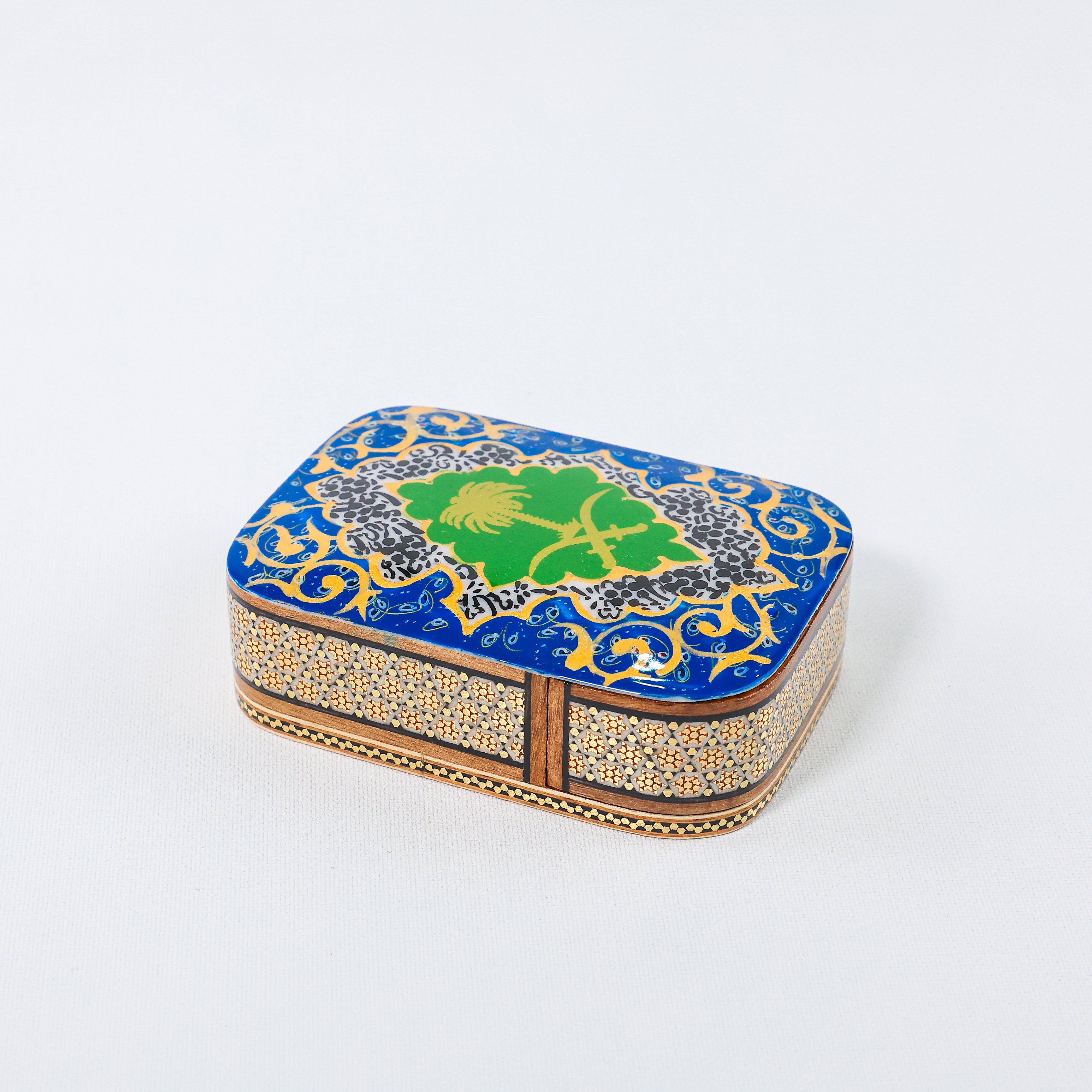 Khatam Slide Box – Rounded Edge Glass Khatam – Beechwood Interior – Saudi State Logo