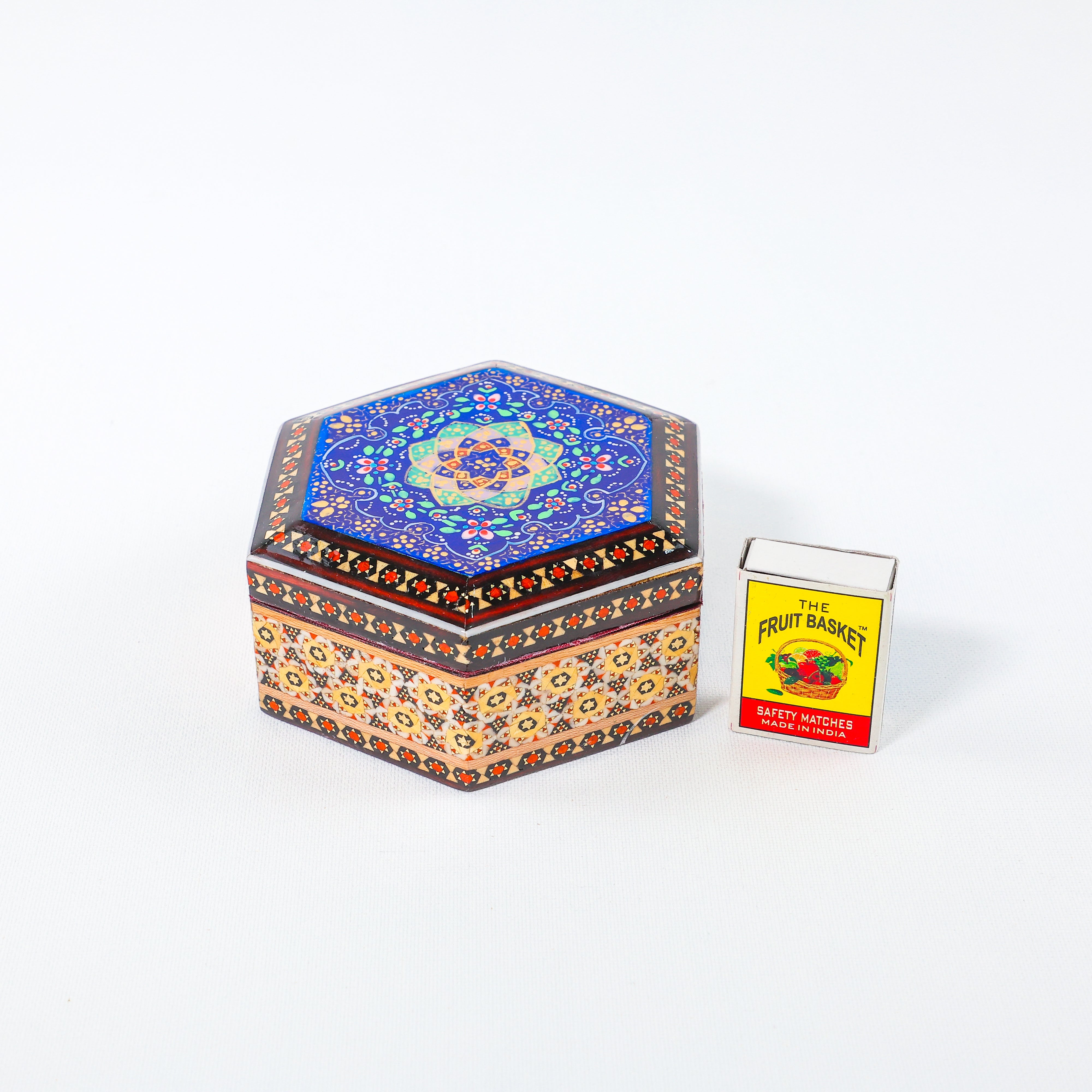 Hexagonal Box – Velvet Interior – Tazhib Painting – Size 11 × 11 cm