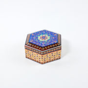 Hexagonal Box – Velvet Interior – Tazhib Painting – Size 11 × 11 cm