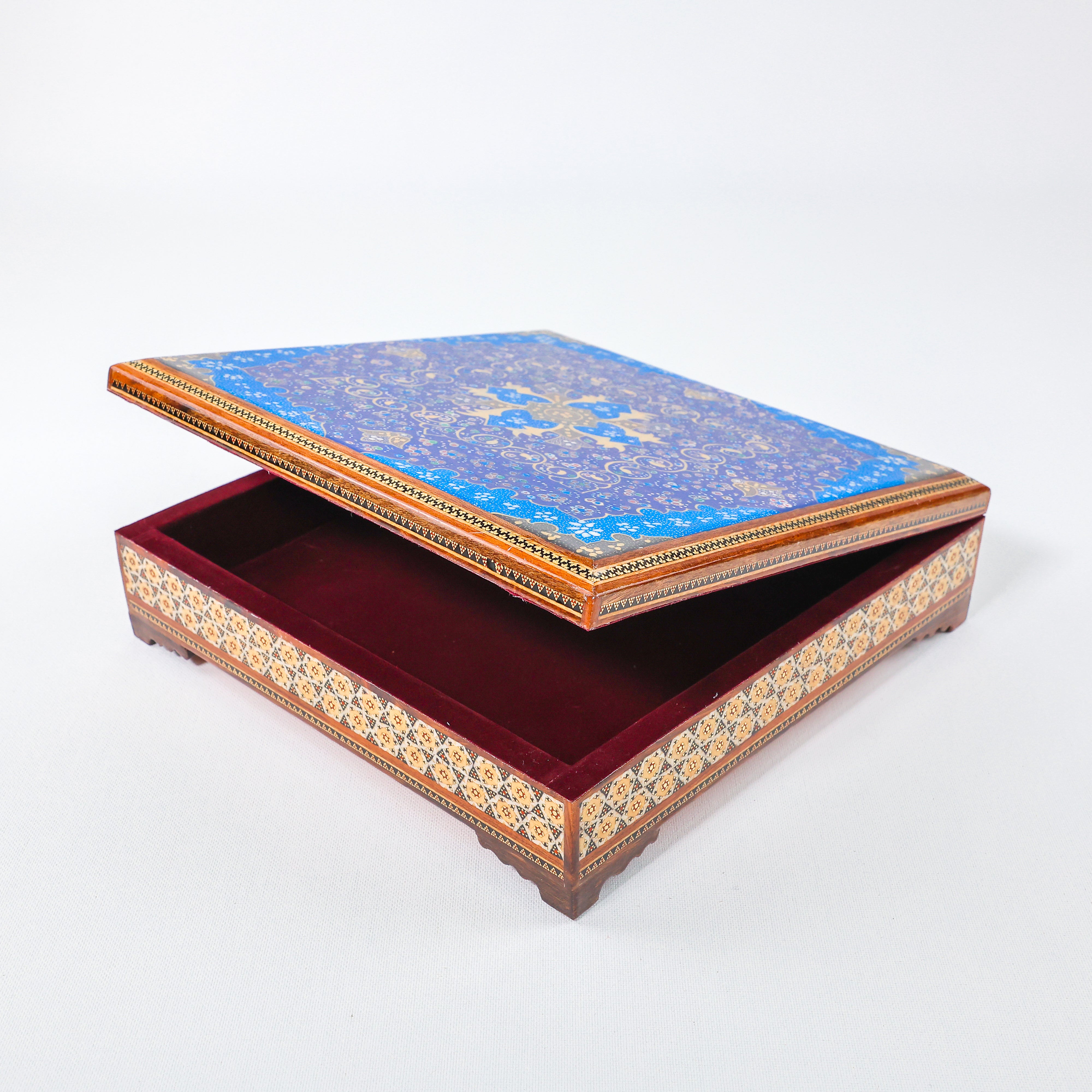 Khatam Box – Velvet Interior – Tazhib Painting – Size 25 × 25 cm