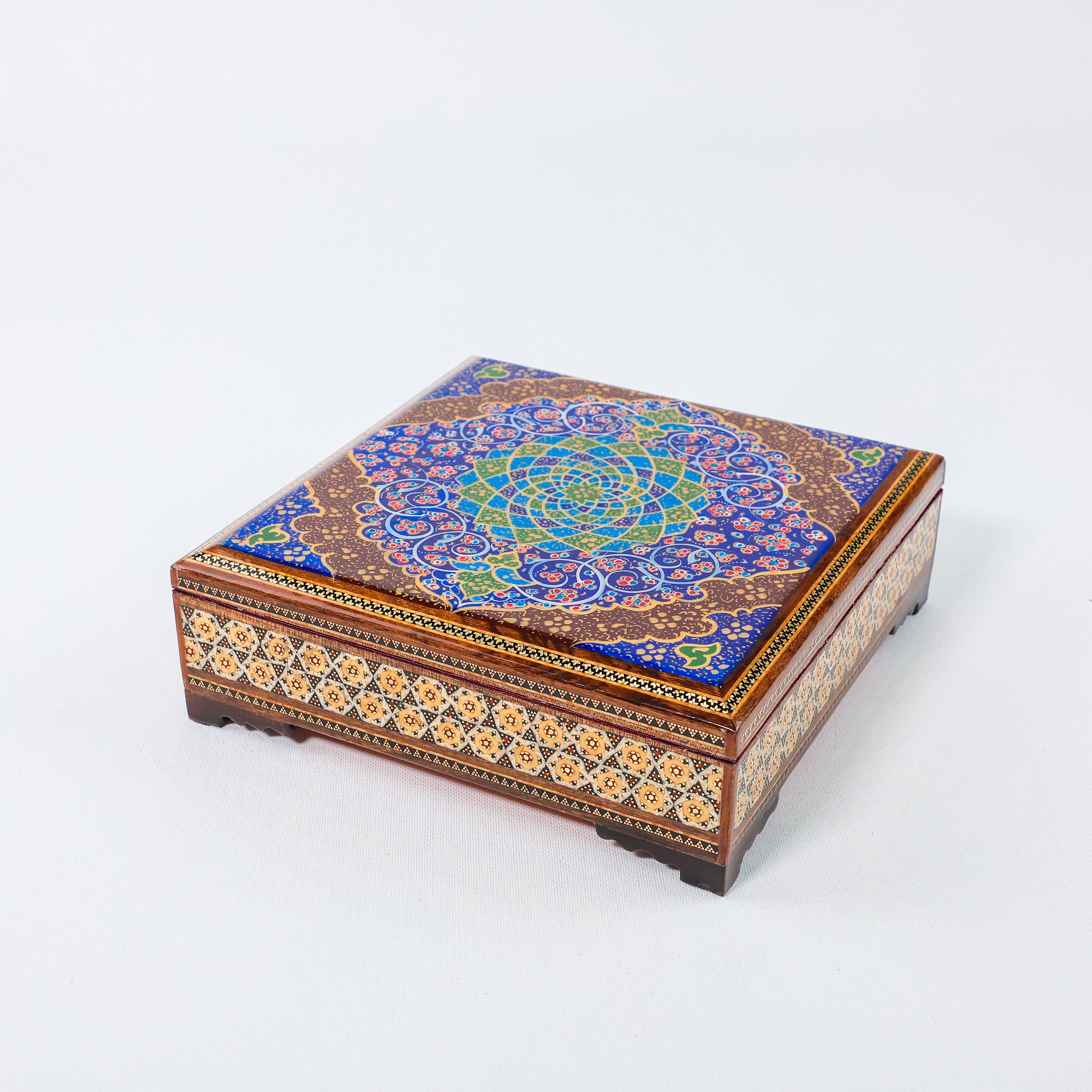 Khatam Box – Velvet Interior – Tazhib Painting – Size 20 × 20 cm