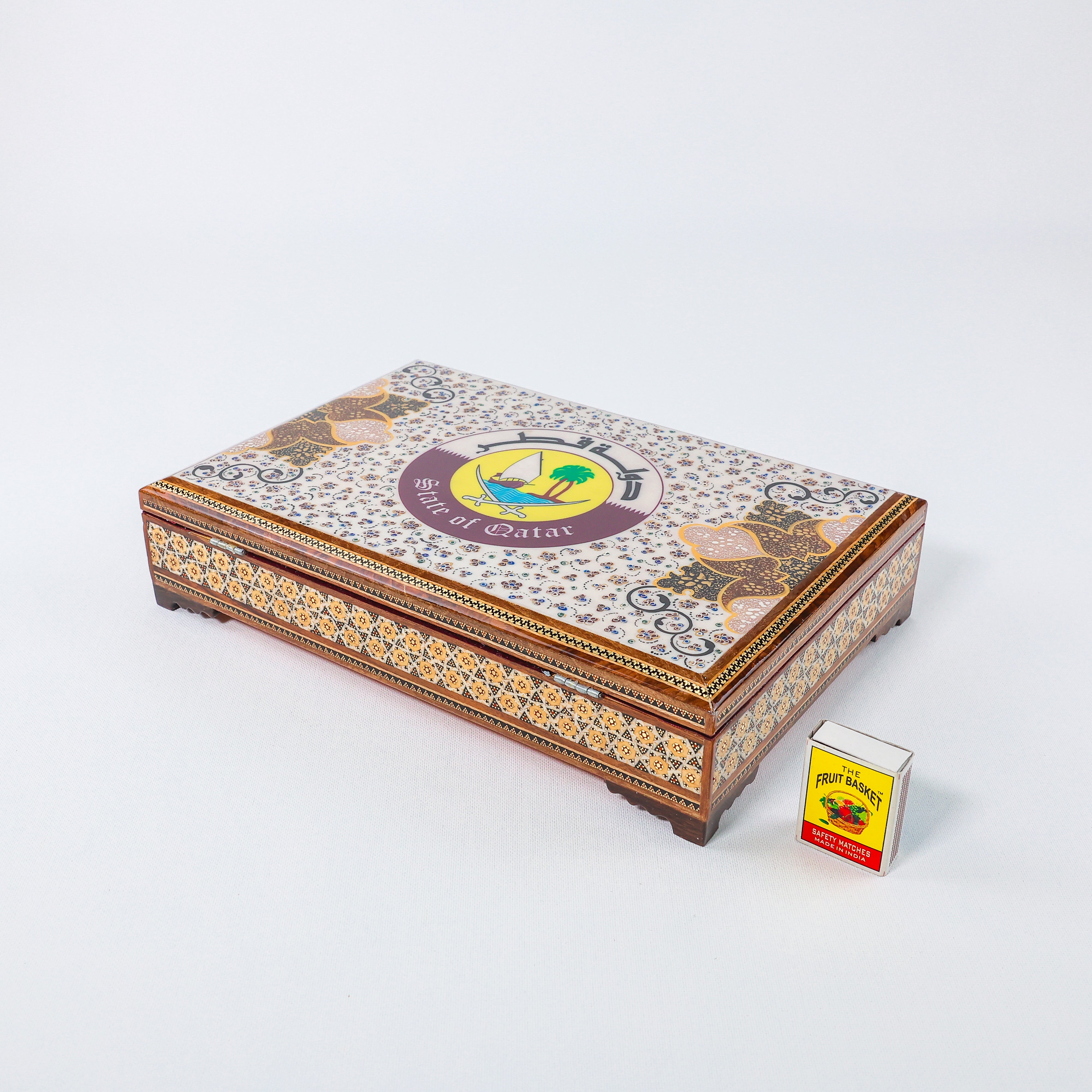Khatam Box – Velvet Interior – State of Qatar Old Emblem – Size 20 × 30 cm